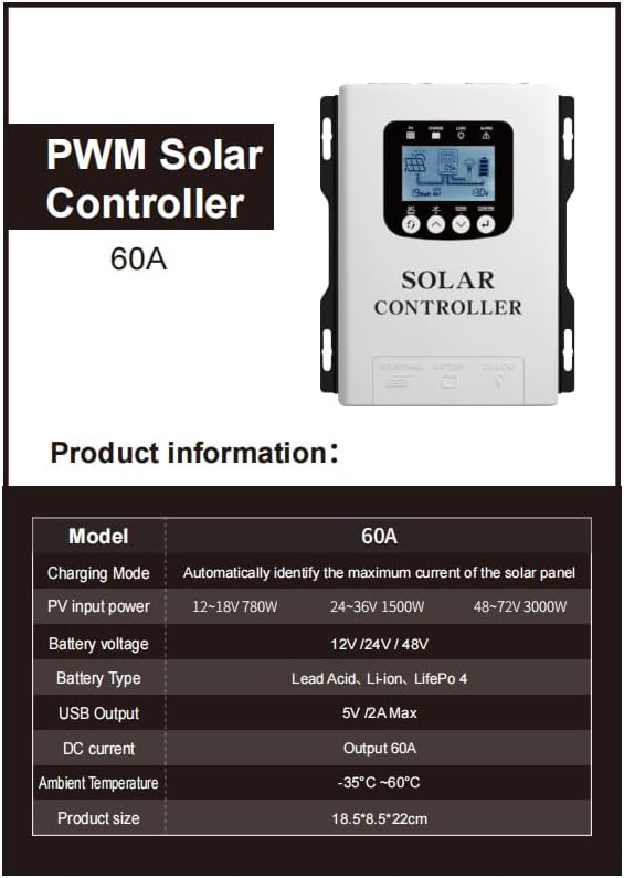 60A PWM Solar Charge Controller, 12V/24V/48V Automatic Solar Panel Current Detection System with 60A Maximum Output for Batteries