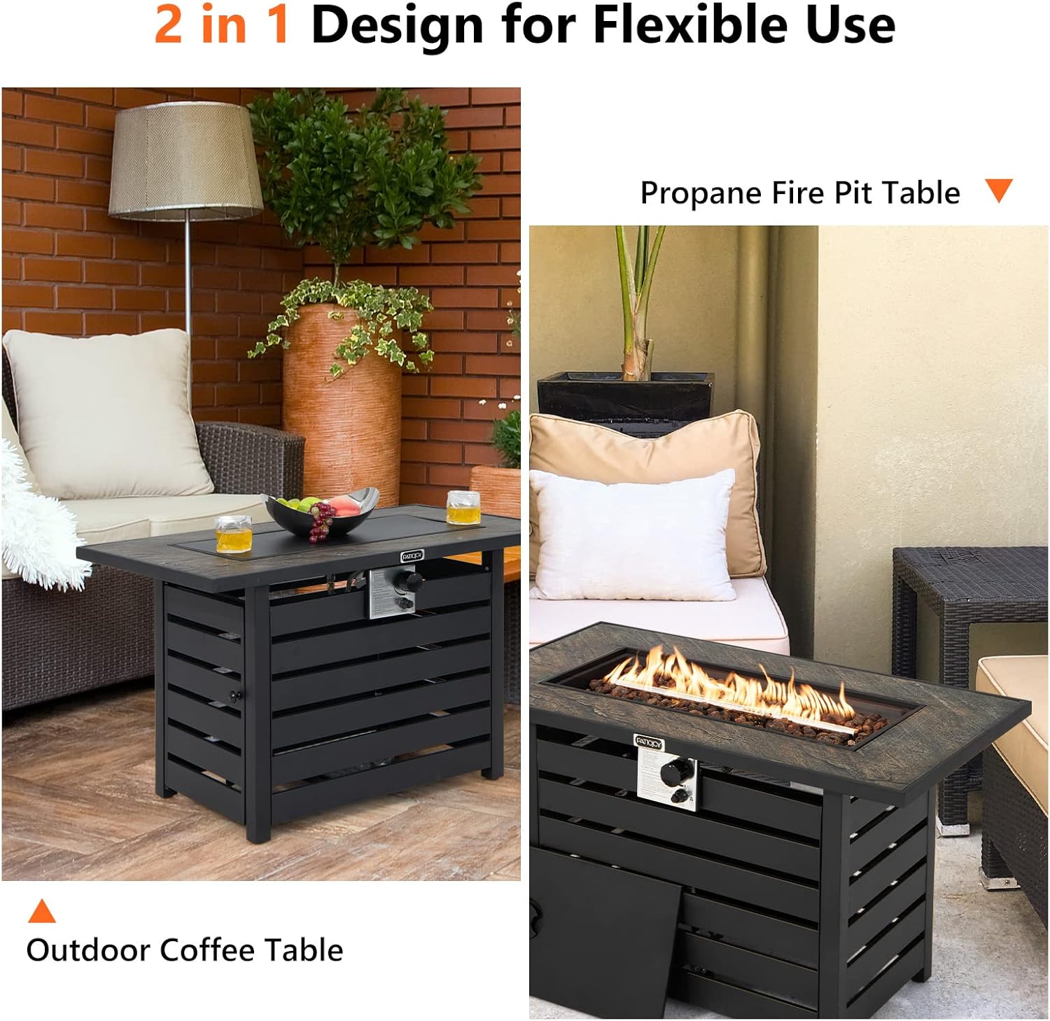Tangkula 42 Inch Outdoor Gas Fire Pit Table, Patiojoy 50,000 BTU Rectangular Propane Fire Pit w/Ore Powder Tabletop, Lid, Lava Rocks & Waterproof PVC Cover for Patio, Garden, Backyard, Poolside