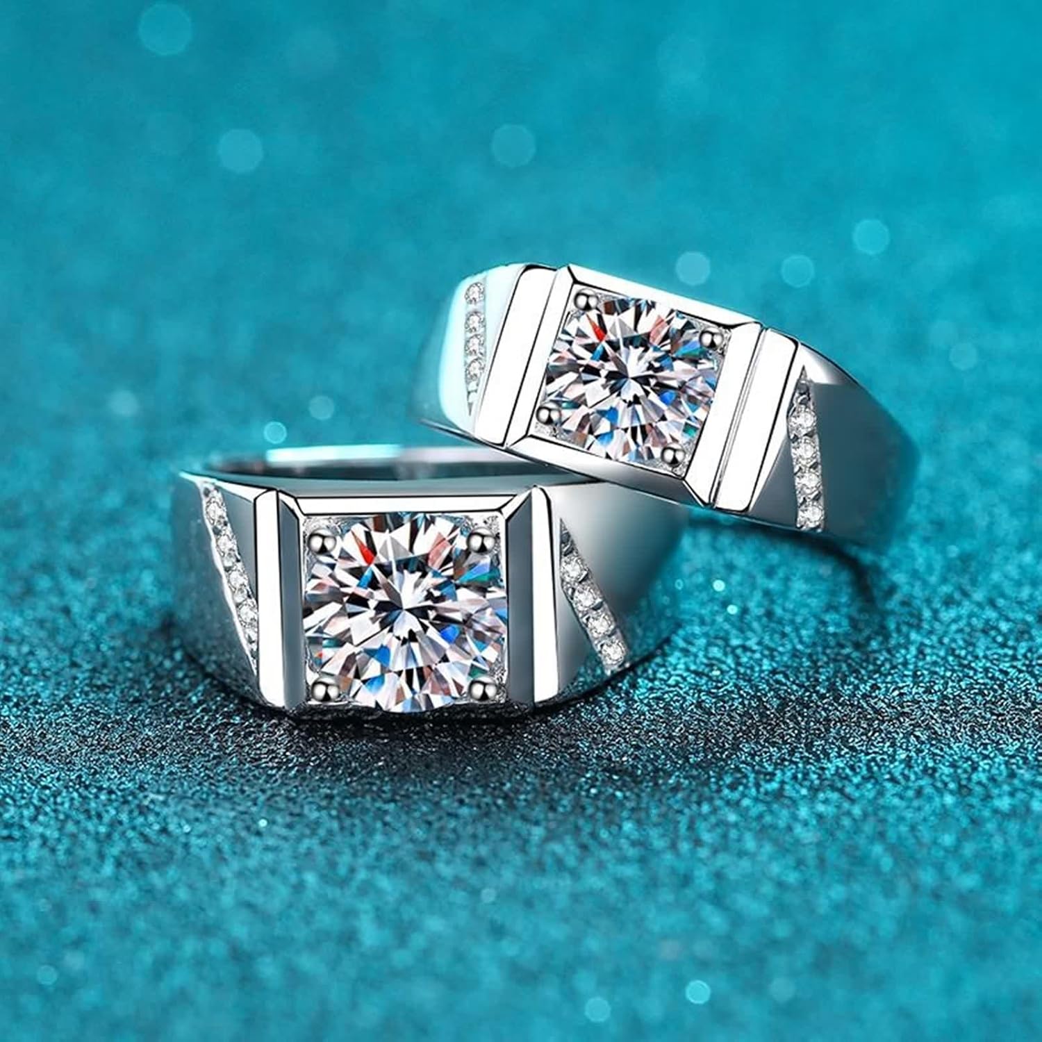 Mens Lab Created Diamond Wedding Ring, Fashion Rings 14K/18K White Gold Square Silver Trendy Jewelry Size 4-10