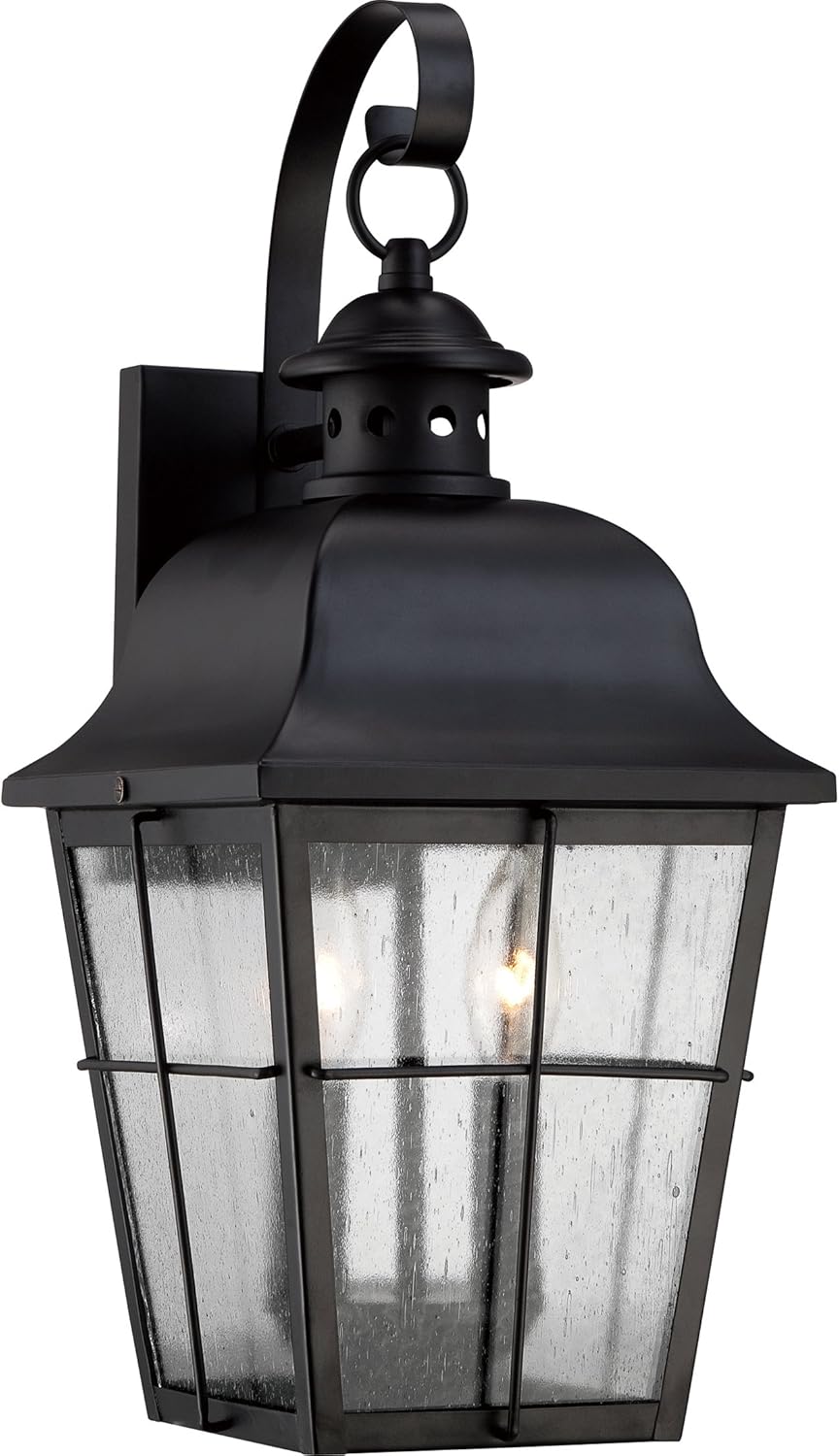 Quoizel Millhouse Outdoor Wall Lantern, 18.5 Inch, 2-Light Mystic Black Traditional Wall Sconce, Clear Seeded Glass, 60W, Exterior Wall Lantern Fixture, Outside Lights for Patio, Porch, Garage or Yard