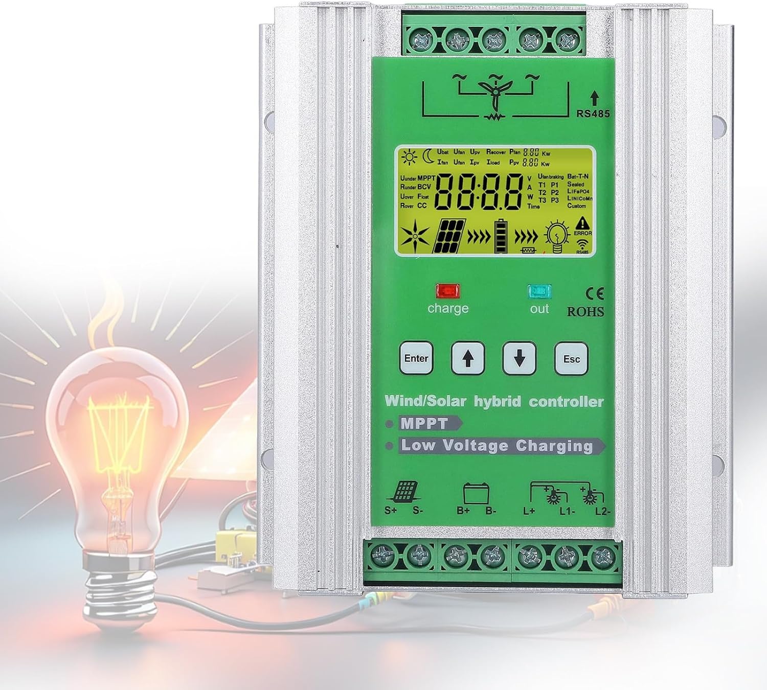 8000W Wind Solar Hybrid Charge Controller - 12V/24V/48V MPPT, Auto Detection, LCD Display & Dump Load, Ideal for 1000W Wind Turbines & 1500W Solar Panels, Off-Grid Energy Solution