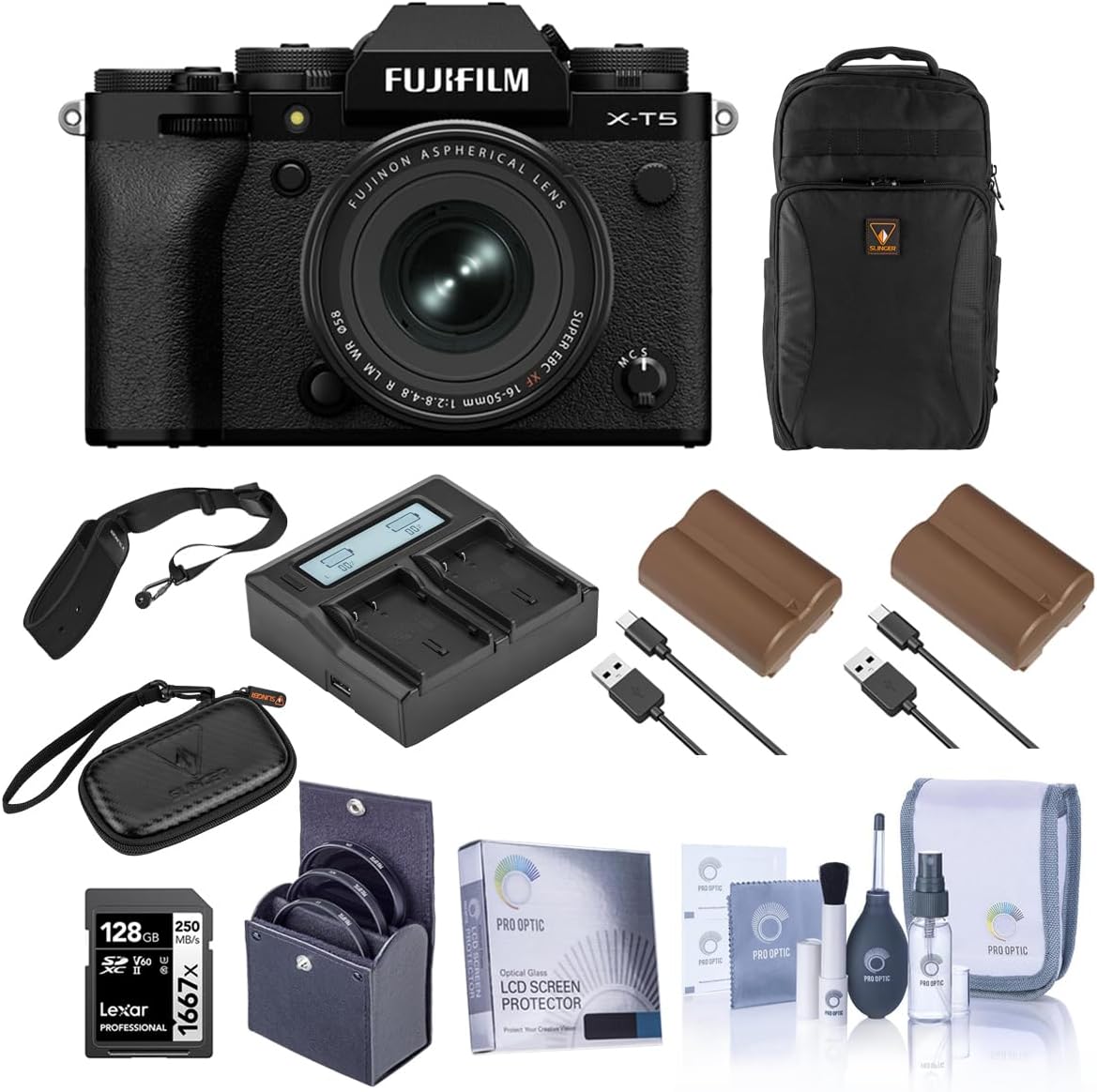 Fujifilm X-T5 Mirrorless Camera, Black with XF 16-50mm f/2.8-4.8 R LM WR Lens, Bundle with 128GB Memory Card, Backpack, 2x Battery, Smart Charger, 2x Charger Plate, 58mm Filter Kit