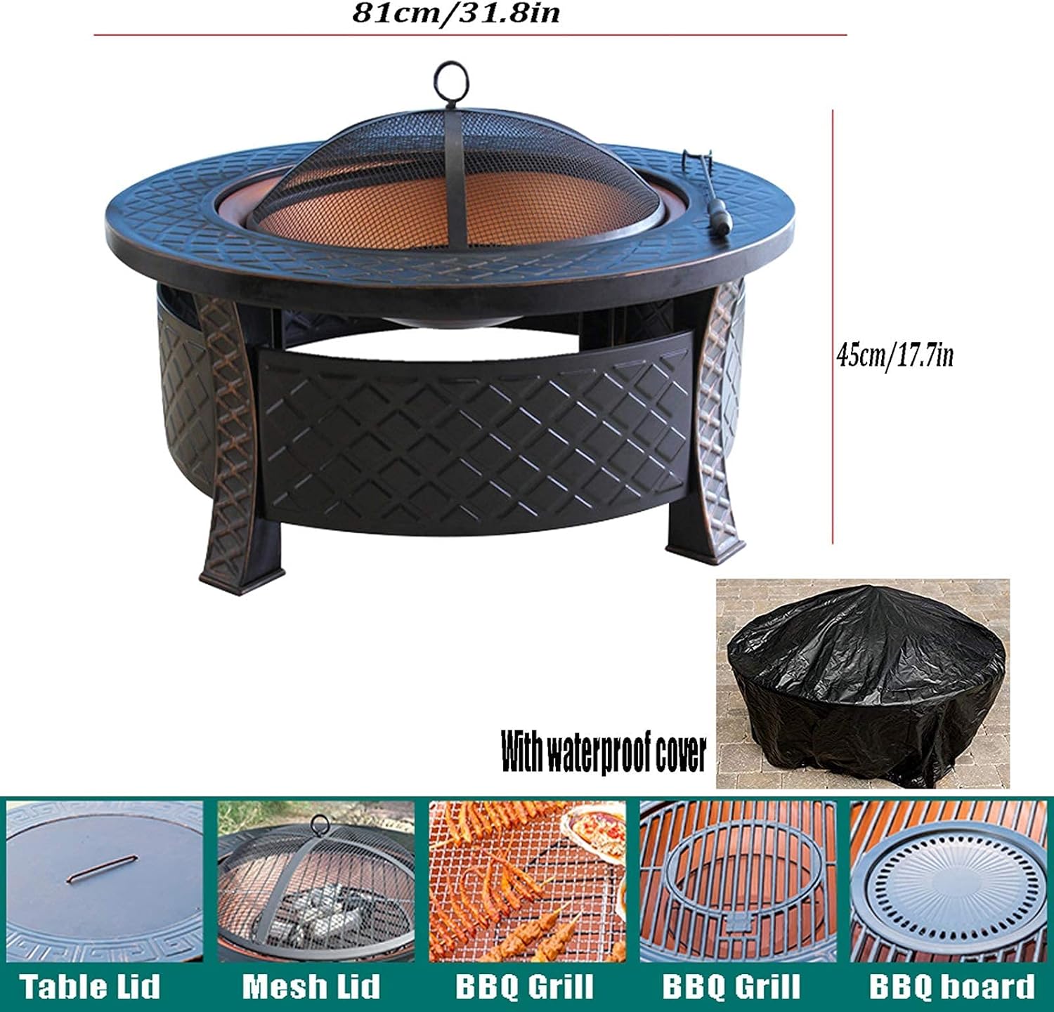 Outdoor Fire Pit 32-inch Bonfire Pit, Wood Burning Fire Bowl, Grill with Mesh Spark Screen Cover Grate Poker