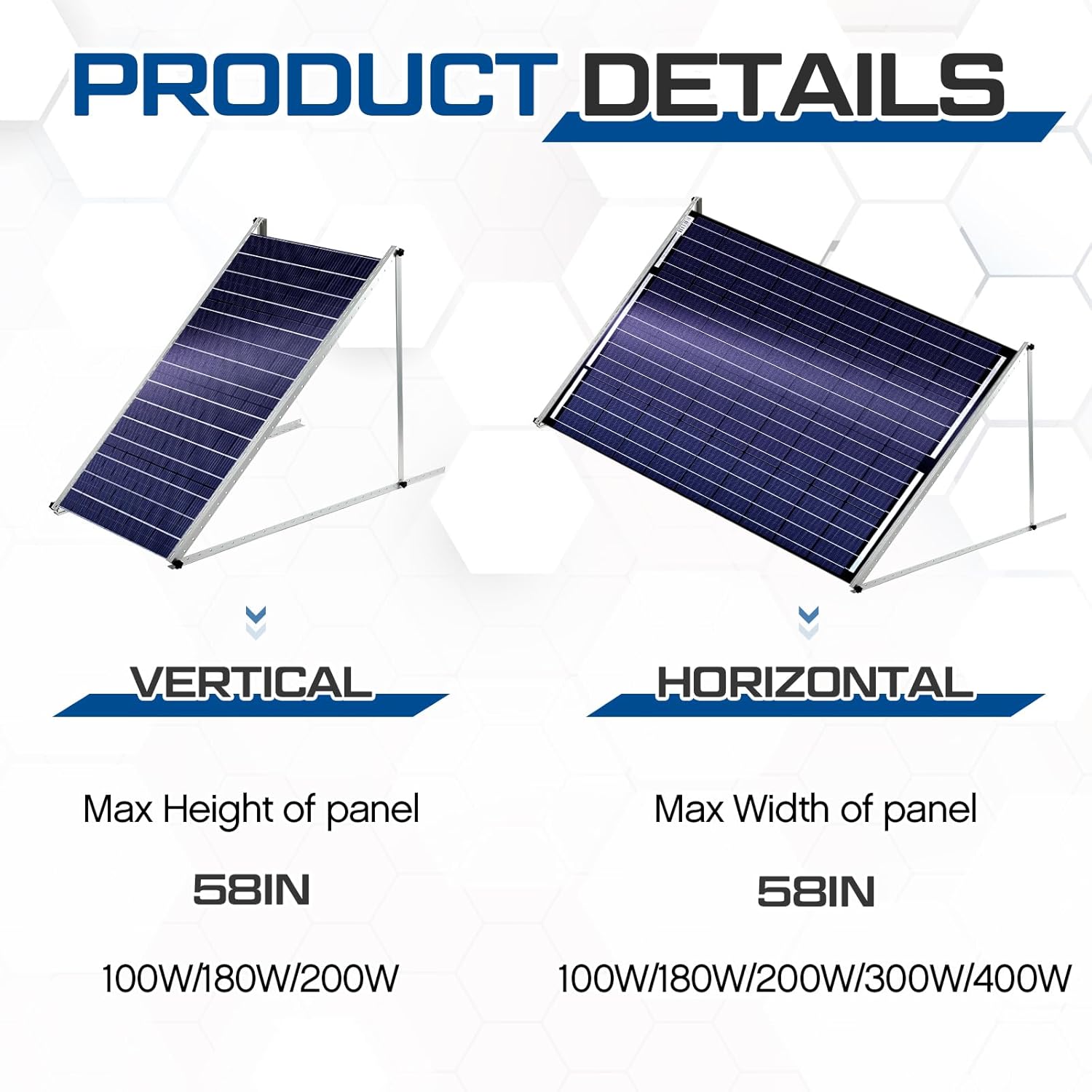 Moxweyeni 58 Inch Adjustable Solar Panel Mount Brackets with Foldable Tilt Legs, Rack Stand Mounting Support for 180-400w Solar Panels on Ground, Roof, RV, Boat, Off-Grid