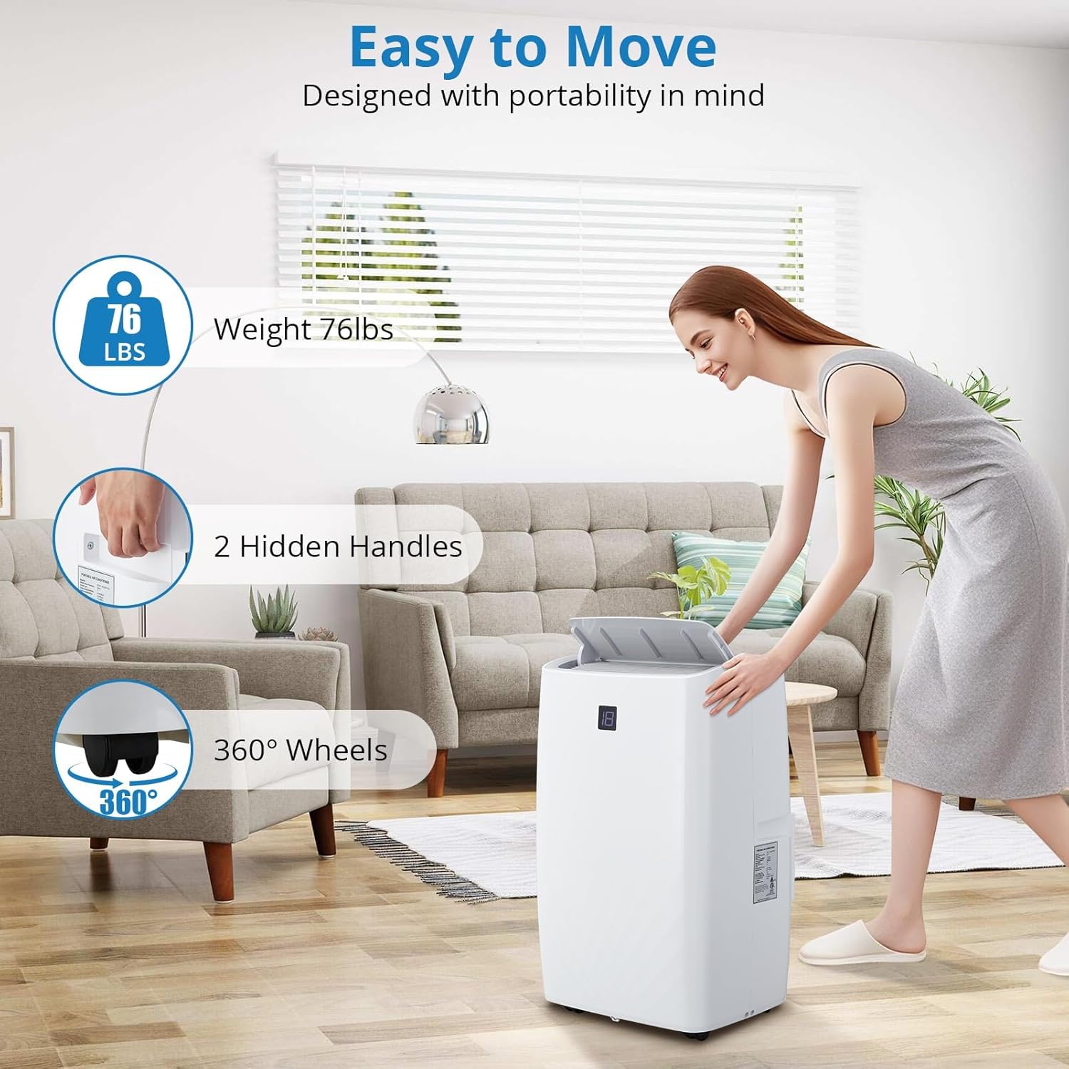 14,000 BTU Portable Air Conditioner Cools Up to 750 Sq.Ft, 3-IN-1 Quiet Portable AC Unit with Remote Control & Installation Kits for Large Room, Smart/Sleep Mode, Auto Swing, 24H Timer