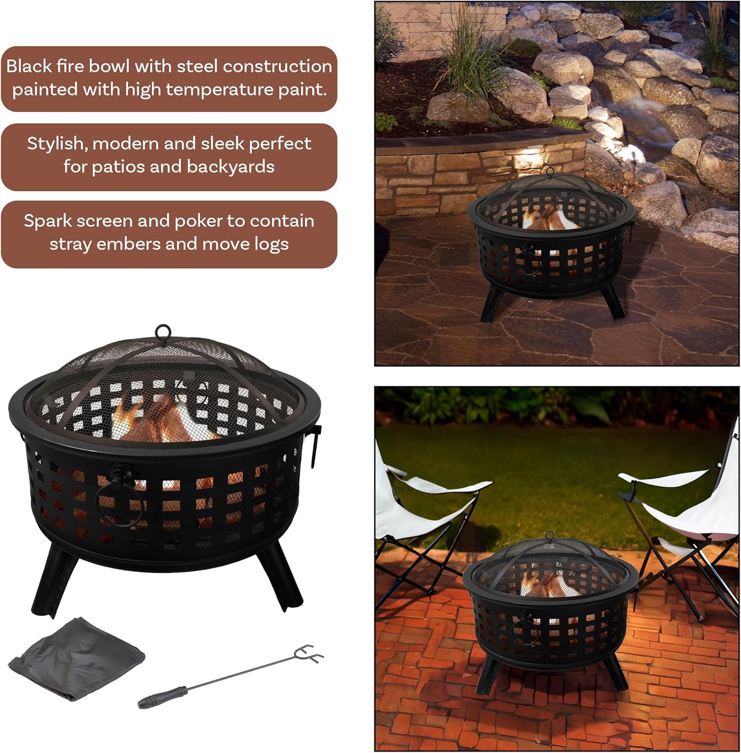 Outdoor Fire Pit - 26-Inch Round Lattice Wood Burning Firepit with Screen, Poker, Grate and Cover - Wood Fire Pits & Outdoor Fireplaces by Pure Garden
