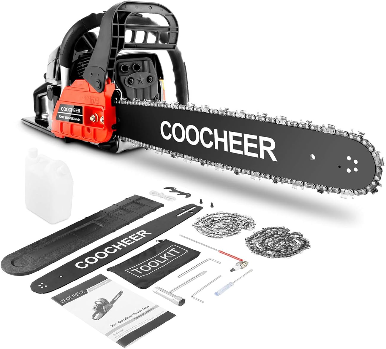 COOCHEER Chainsaw, 62CC 2 Stroke Gas Powered Chainsaw, 20-Inch 3.5 HP and Handheld Gasoline Chain Saw with Carry Bag for Tree Stumps, Limbs, Tree Felling, and Firewood Cutting(Red)