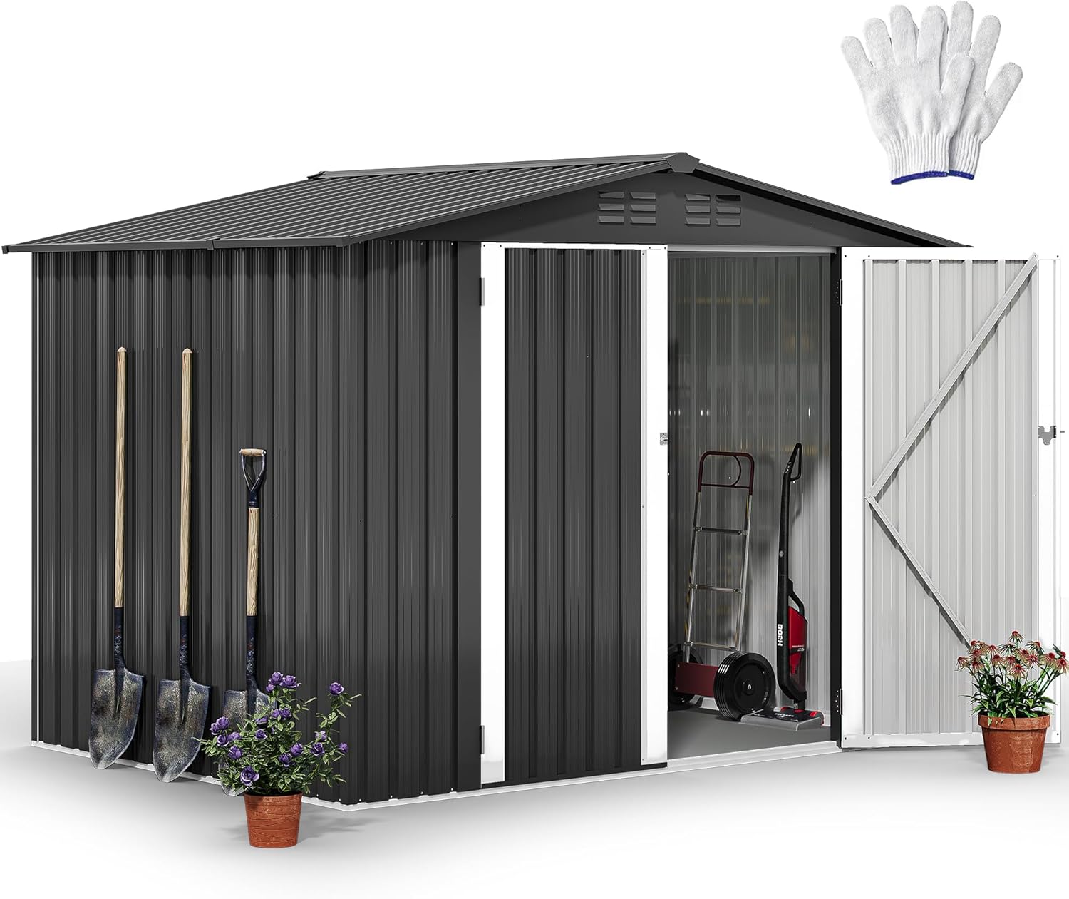 DWVO 8x6FT Outdoor Storage Shelter, Roomy Steel Tool Shed with Secure Entrances & Air Circulation for Patio, Lawn, and Backyard, Ideal for Storing Garden Gear, Lawn Tools, and Bikes, Dark Gray