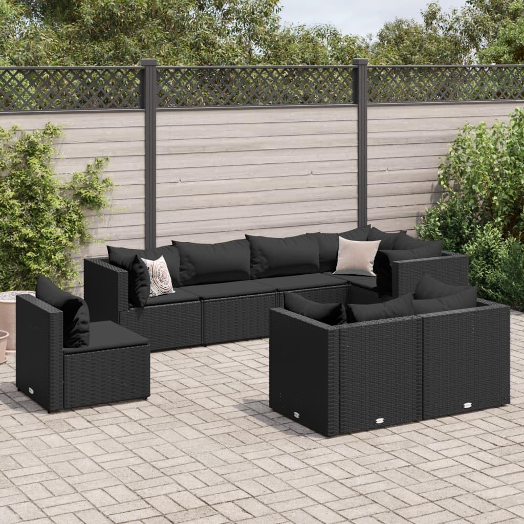 8 Piece Patio Lounge Set with Cushions Black Poly Rattan,Modular Garden Lounge Set: Durable Rattan with Comfy Cushions for Patio and Outdoor Furniture Sets for Patio, Lawn & Garden