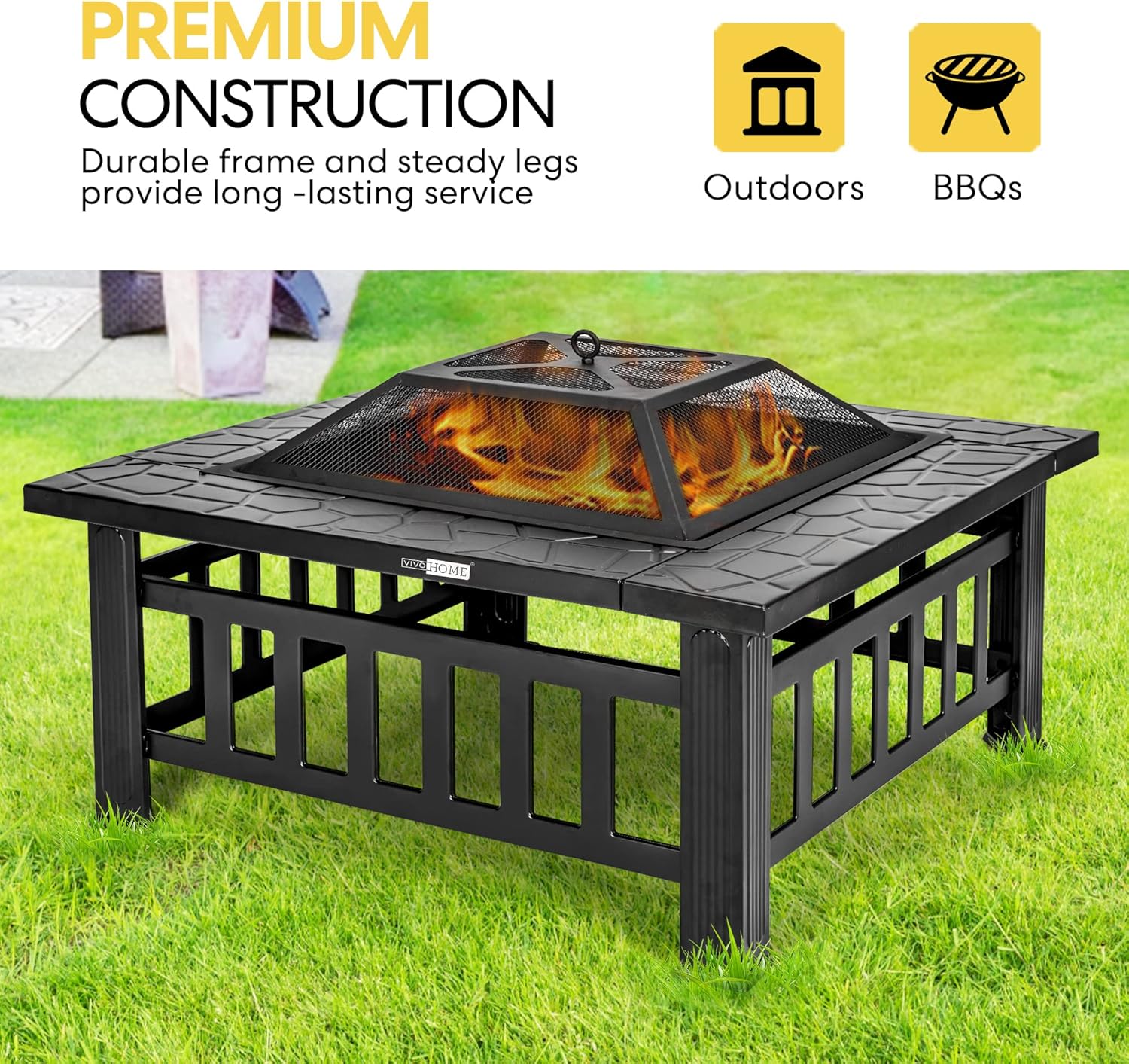 VIVOHOME 32 Inch Heavy Duty 3 in 1 Metal Square Patio Firepit Table BBQ Garden Stove with Spark Screen Cover Log Grate and Poker for Outside Wood Burning and Drink Cooling Black