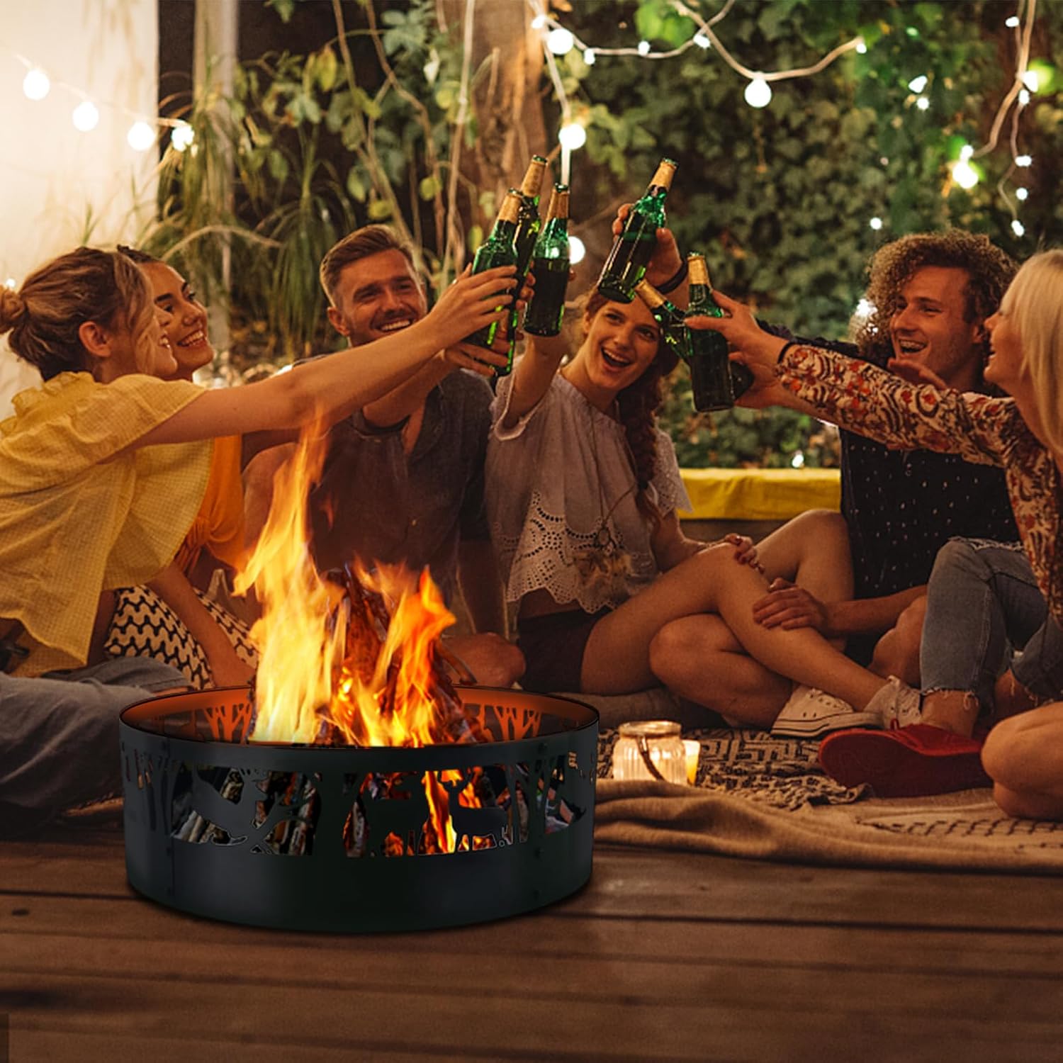 Fire Pit Ring - 36 Inch Heavy Duty Steel Fire Pits with Hollow Carved Design - Large Round Firepit Insert for Wood Burning & Camping & Outdoor Fireplace