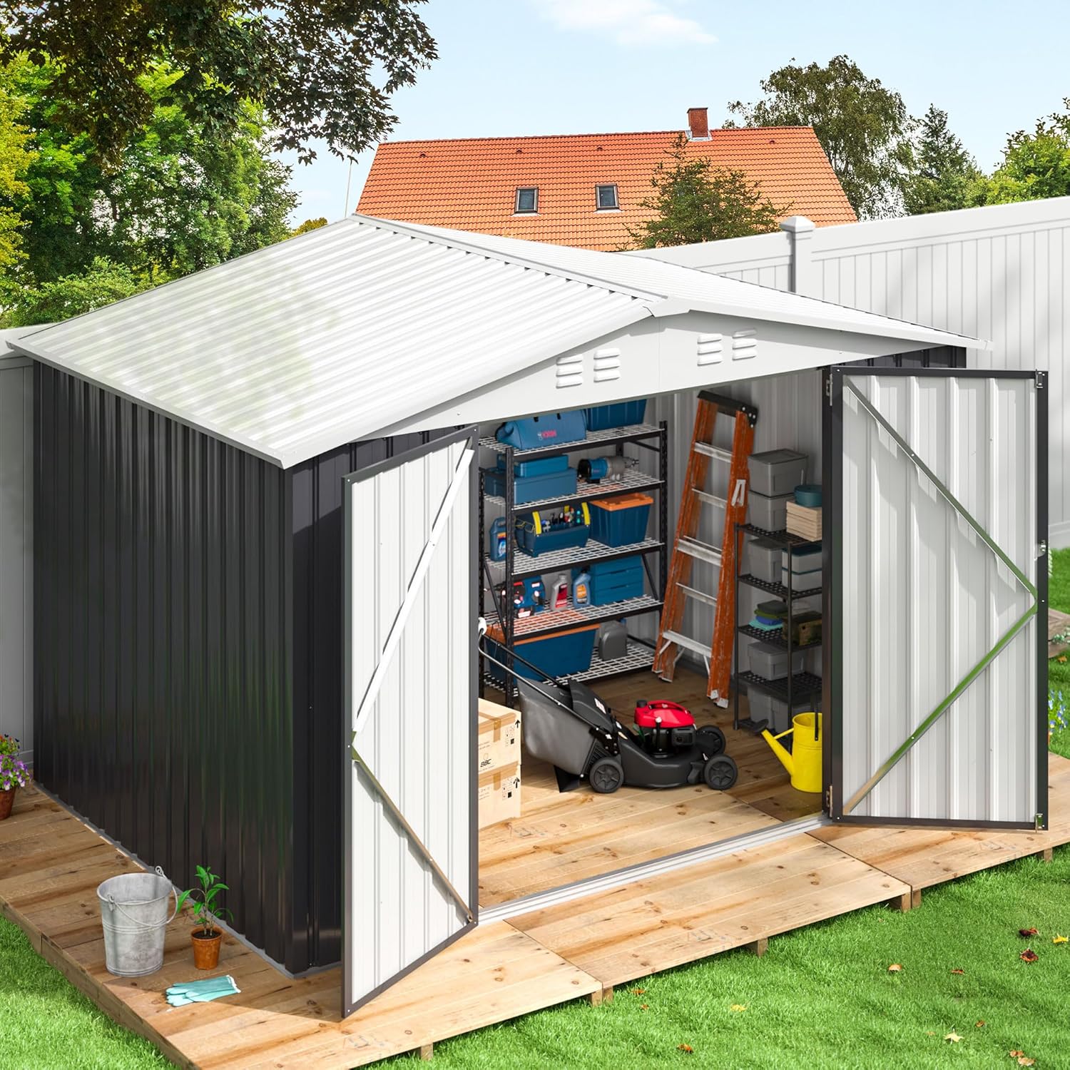 Polar Aurora 6x8 FT Outdoor Storage Shed, Metal Garden Shed with Updated Frame Structure, Tool Sheds for Backyard Garden Patio Lawn White