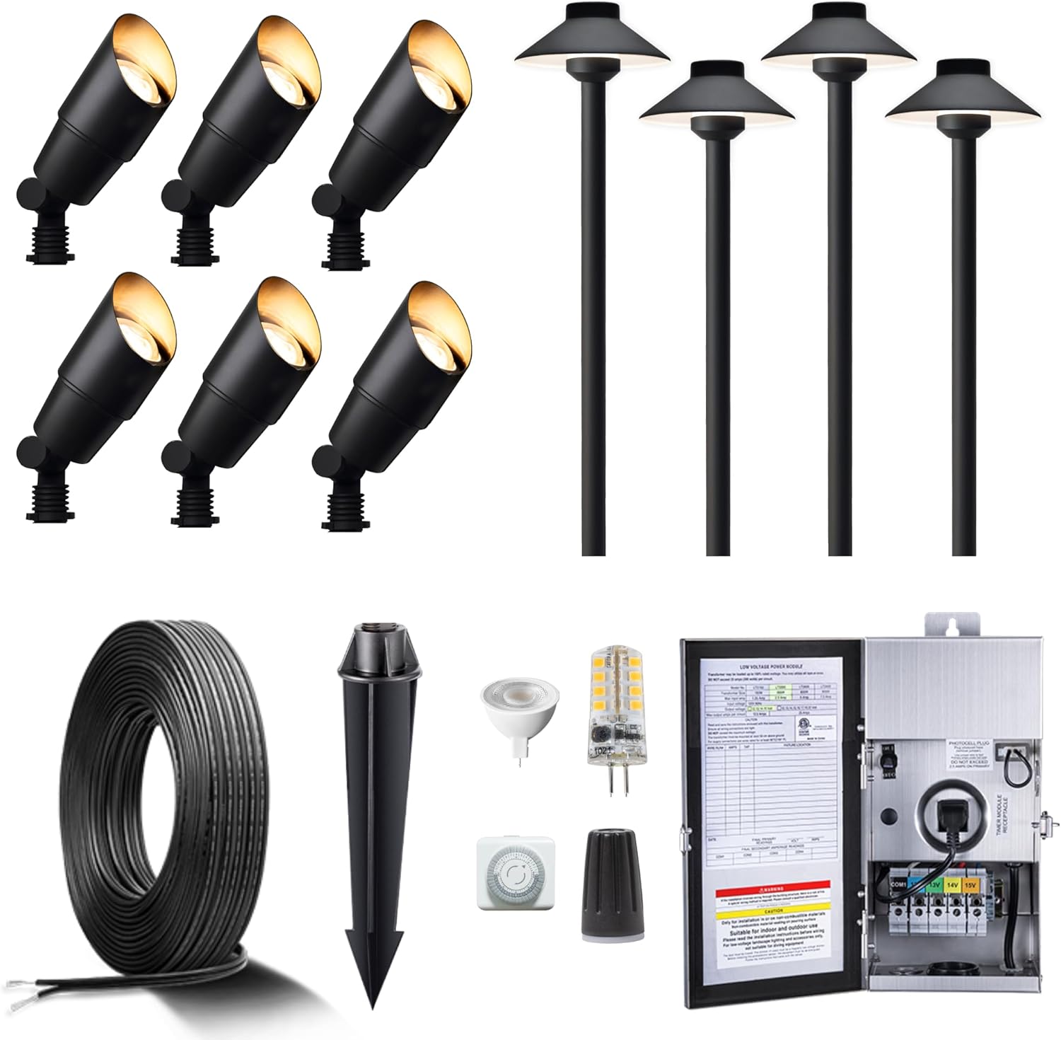 Gardenreet Brass Low Voltage Black Landscape Lighting Kit (6 Spotlights, 4 Path Lights) with 150W Transformer and 100 Feet Cable and 30 Pack Wire Connectors for Outdoor Yard Patio Walkway