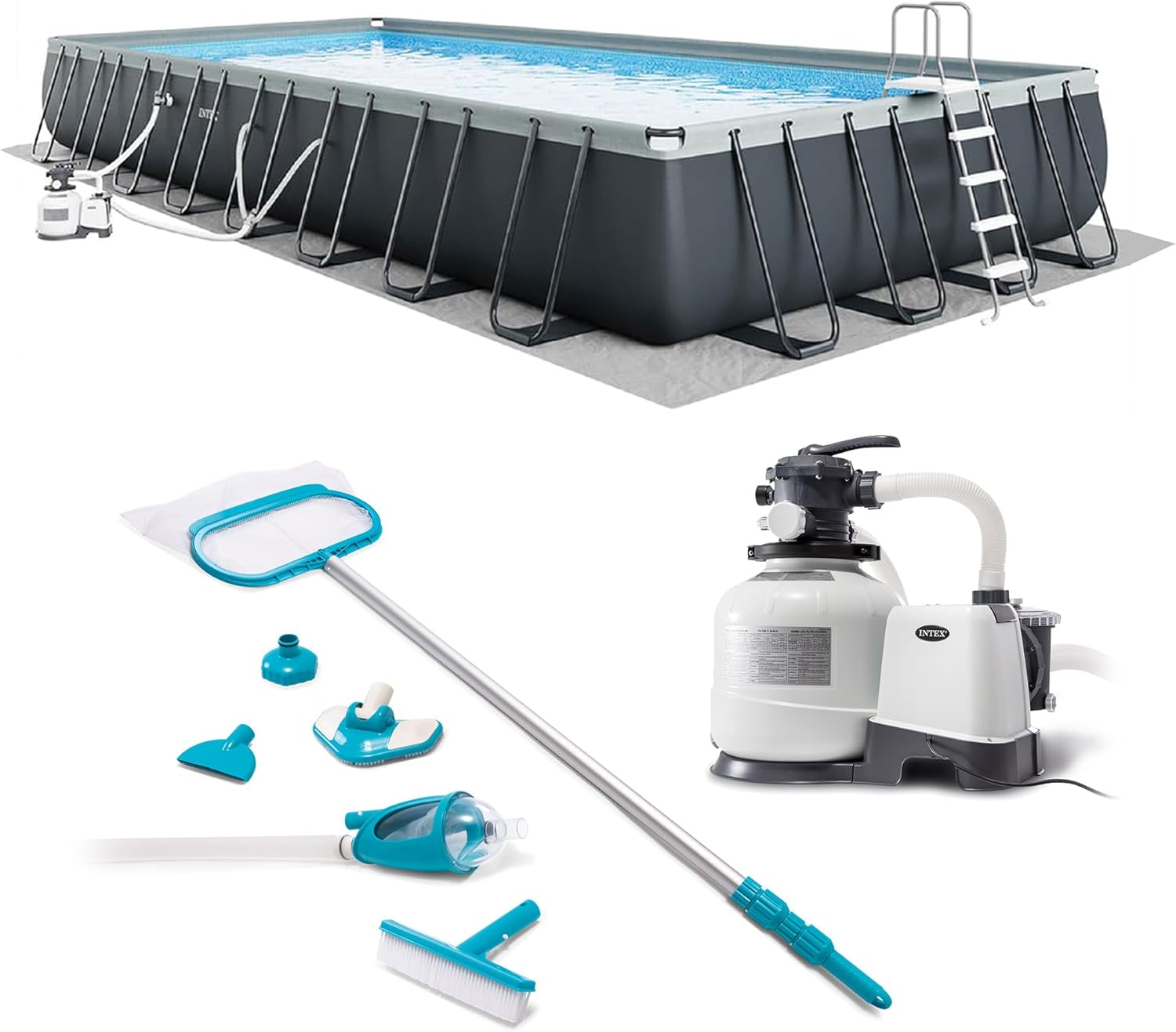 INTEX 26373EH Ultra XTR 32ft x 16ft x 52in Above Ground Swimming Pool Set with Sand Filter Pump and Deluxe Maintenance Cleaning Kit