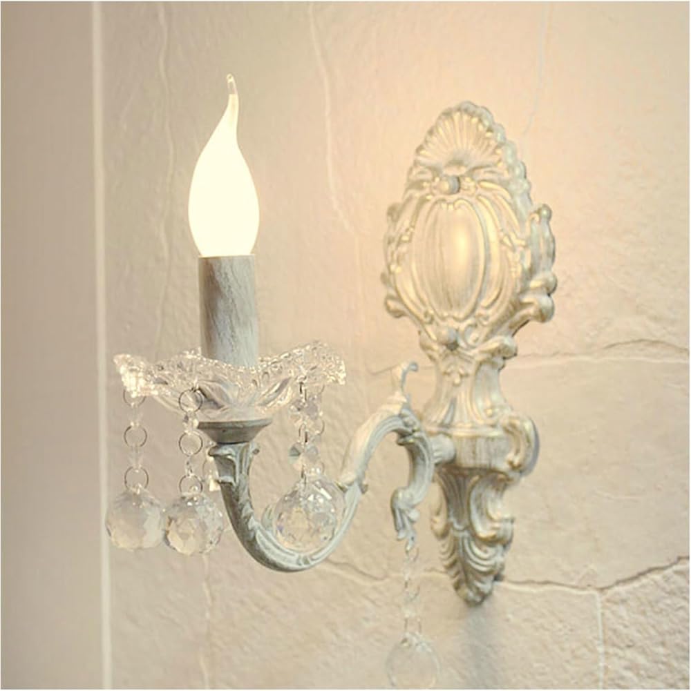 Wall Sconces Traditional Crystal Wall Light White Finish Candle Wall Lamp Distressed Shabby Wall Mounted Lighting Fixture for Farmhouse Living Room Staircase Bathroom Vanity Lamps(Antique White,1 LIGH