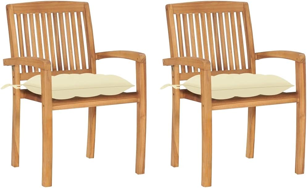 Patio Chairs 2 pcs with Cream White Cushions Solid Teak Wood,Teak Patio Chairs with Cushions Stackable & Weather Resistant for Garden, Patio or Outdoor Living Outdoor Furniture, Outdoor Chairs