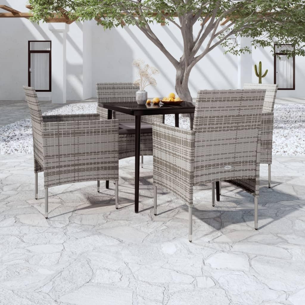 5-Piece Garden Dining Set, Grey Synthetic Poly Rattan Outdoor Table and Chairs, Powder-Coated Steel Frame Patio Furniture for Balcony, Terrace, 4-Person Seating