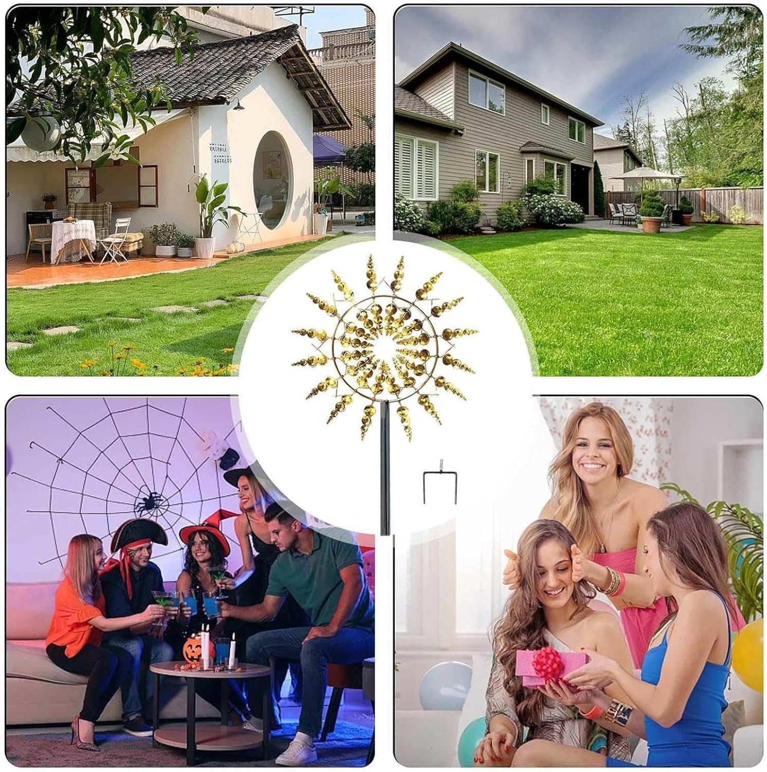 Solar Magical Metal Windmill, Garden Wind Art Wind Spinner Dual Direction, 13.4 x 71in Backyard Wind Spinners,Gold