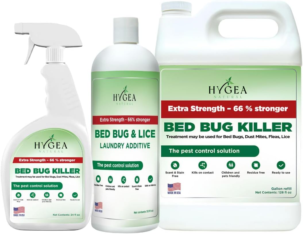 Hygea Natural Extra Strength Bed Bug & Lice Elimination Trio - Includes Extra Strength 24 oz Lice & Bed Bug Spray, 32 oz Lice & Bed Bug Laundry Additive, & 128 oz Spray Refill
