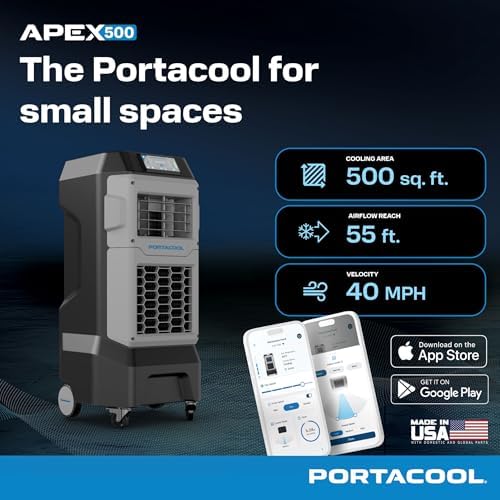Portacool Apex 500 (PACA05001A1) – Wi-Fi Enabled High Velocity Portable Evaporative Cooler for 500 sq. ft. with up to 55-foot Reach, Oscillating Louvers, Programable, 13 Gallon Reservoir, Variable Spd