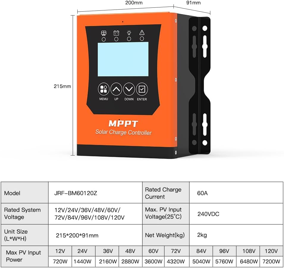 60a Mppt Solar Charge Controller 12V/24V/48v/60V/96V/120V,Solar Panel Controller for Lifepo4/Lithium/Gel/Rv Battery (Max Input 240V,60amp)