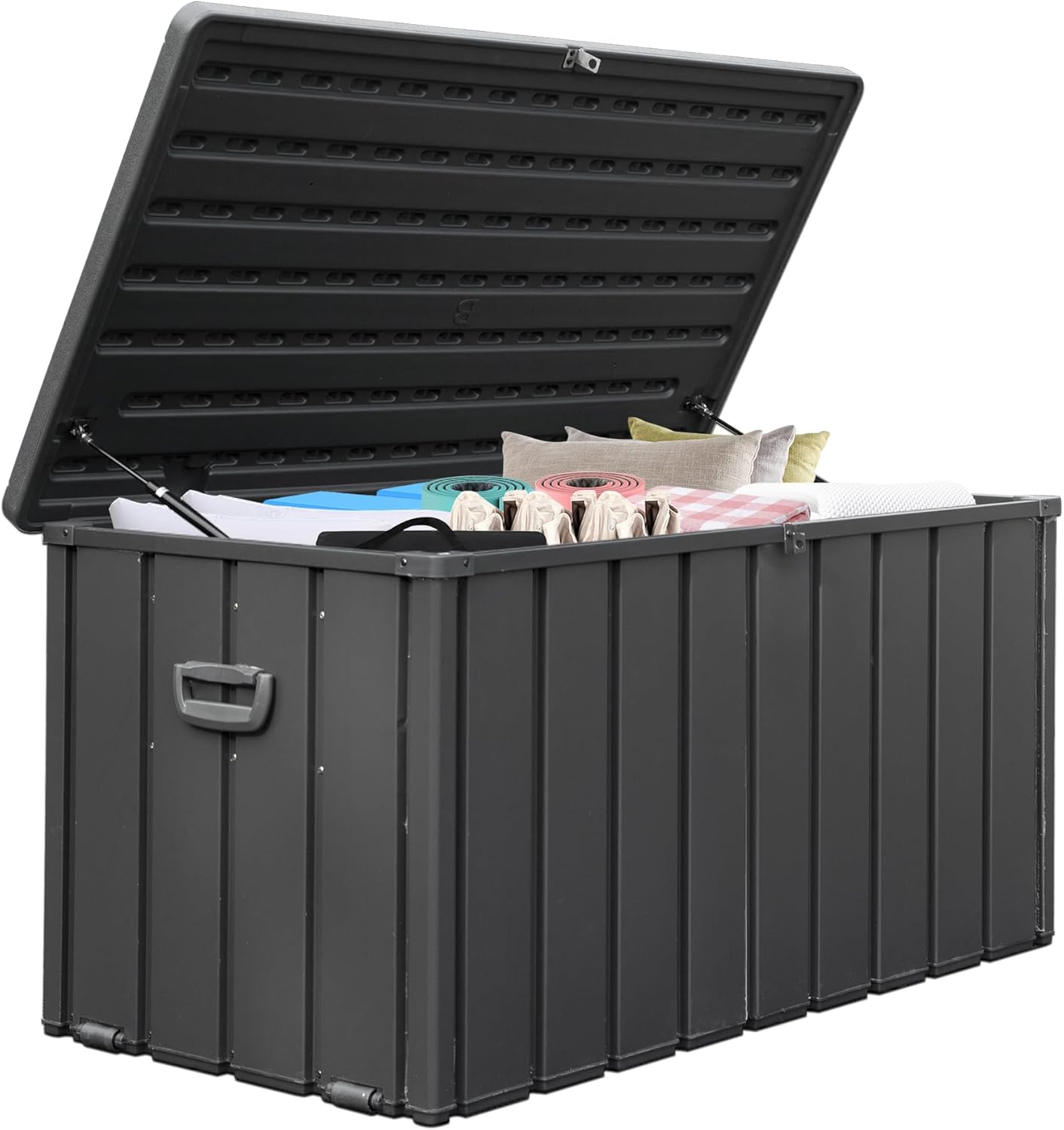 Domi Deck Box Outdoor Storage Box 100 Gallon, Large Metal Storage Cabinet with Resin Lid, Waterproof Lockable Patio Storage Box for Cushions Garden Tools Pool-Supplies, Dark Grey