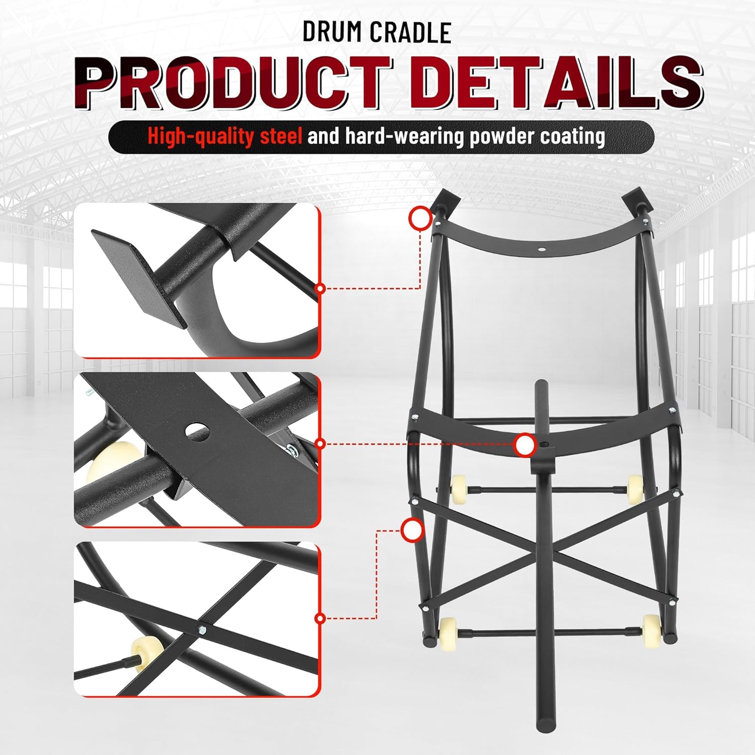 KUAFU 55 Gallon Drum Cradle 600lbs Drums Dolly Cart Drum Dispensing Stand Black 4 Wheel Powder Coated Steel