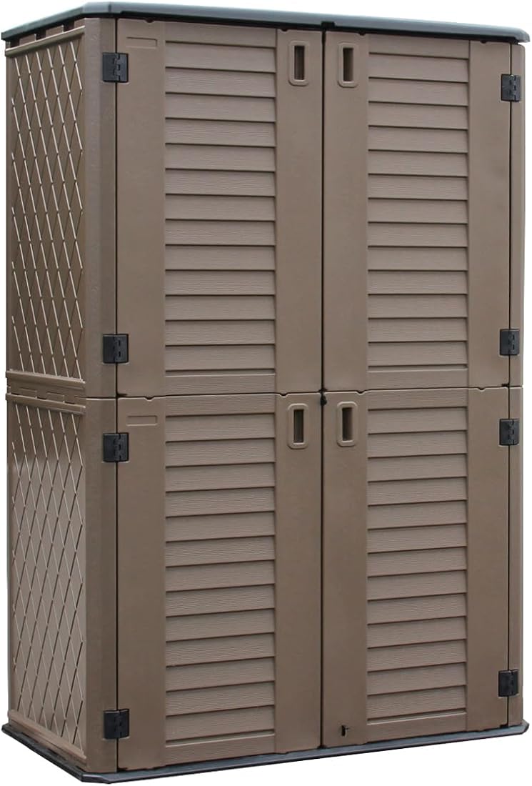 KINYING Outdoor Storage Shed Waterproof, Resin Vertical Outdoor Storage Cabinet for Patio Furniture, Garden Tools, Pool Accessories, Mower Storage (66 Cu.ft, Dark Brown)