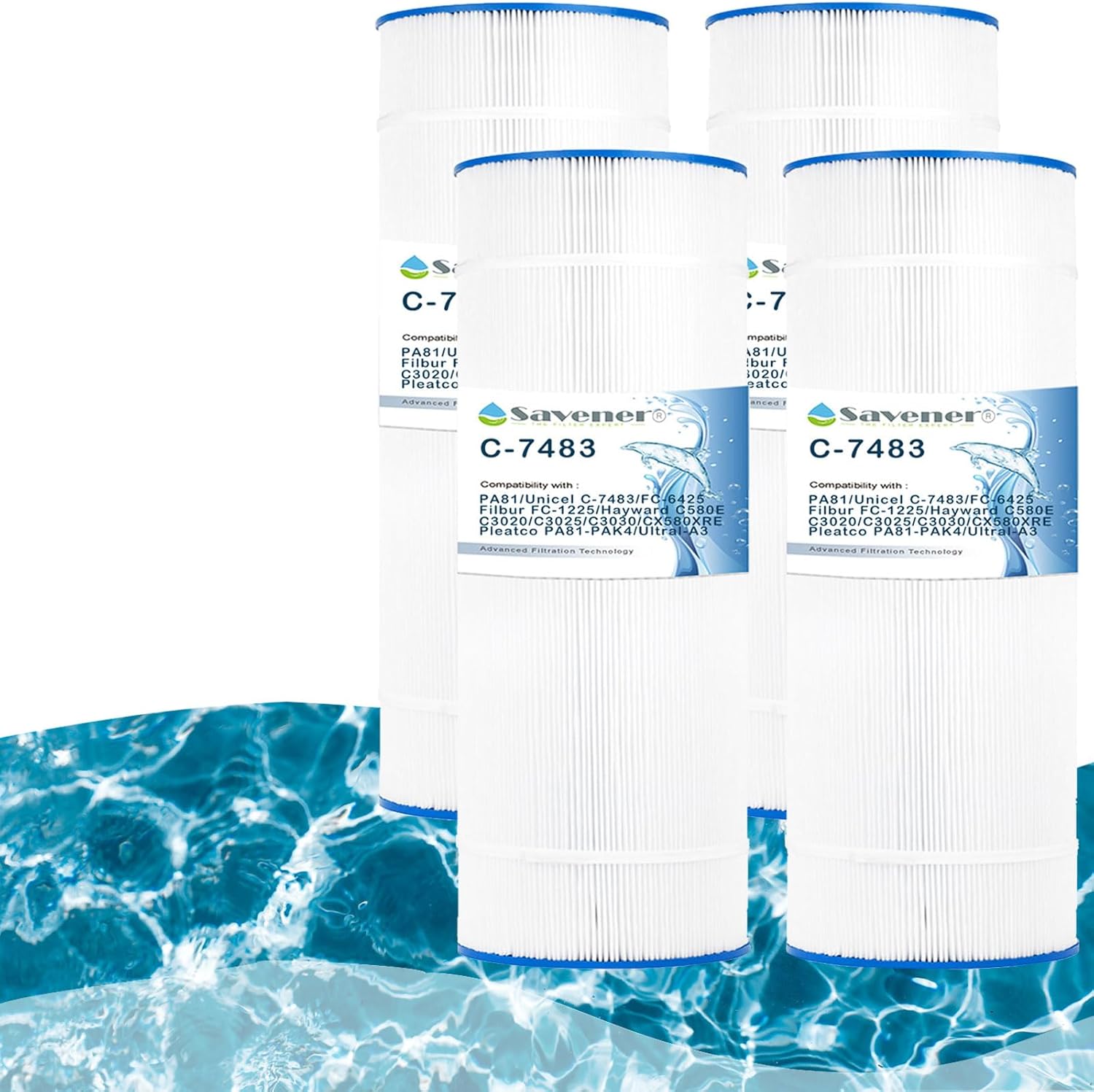 Savener® C-7483 CX580XRE Pool Filter Cartridge, Replaces Hayward C580E, C3020, C3025, C3030, CX580XRE, PA81-PAK4, PA81, Unicel C-7483, Filbur FC-1225FC-6425, Ultral-A3, 81 Sq. Ft, 4 Pack