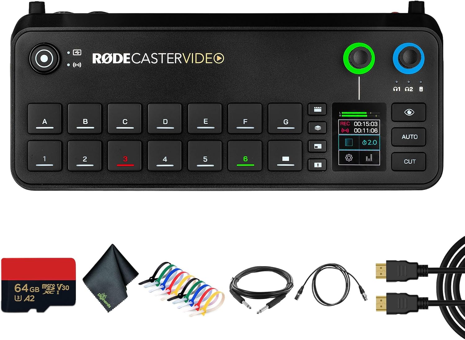 RODECaster Video All-in-One Production Console + 64GB Micro SD Memory Card + 10 Foot XLR + Cable Management Ties + Video Cable + 1/4 TRS + Microfiber Cloth (Bundle)