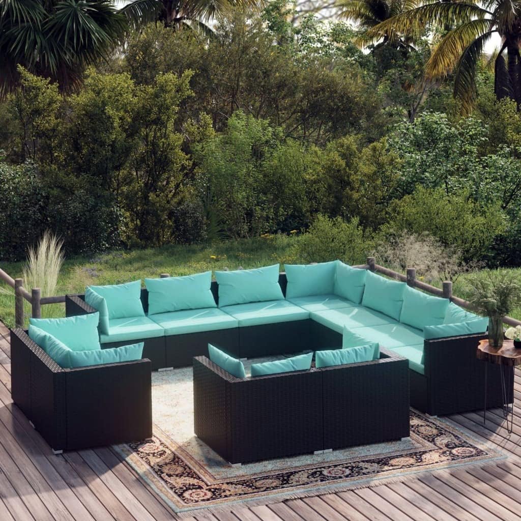 Furniture Sets 11 Piece Patio Lounge Set with Cushions Black Poly Rattan,11Piece WaterResistant Rattan Patio Lounge Set for Outdoor Living Garden Conversation Sets