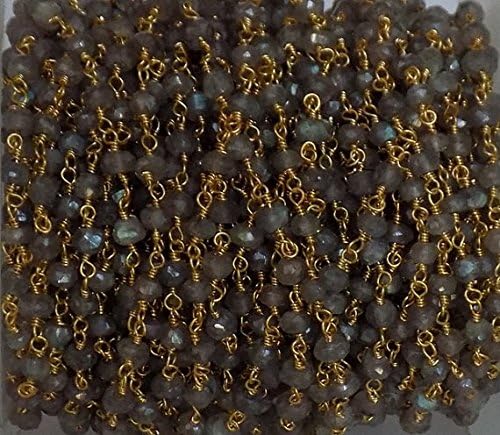 5 Feet Mystic Labradorite Beaded Chain - Gold Over Sterling Silver Wire or Gold Plated Wire Wrapped Chain - Faceted Rosary Beaded Ch 3-4mm
