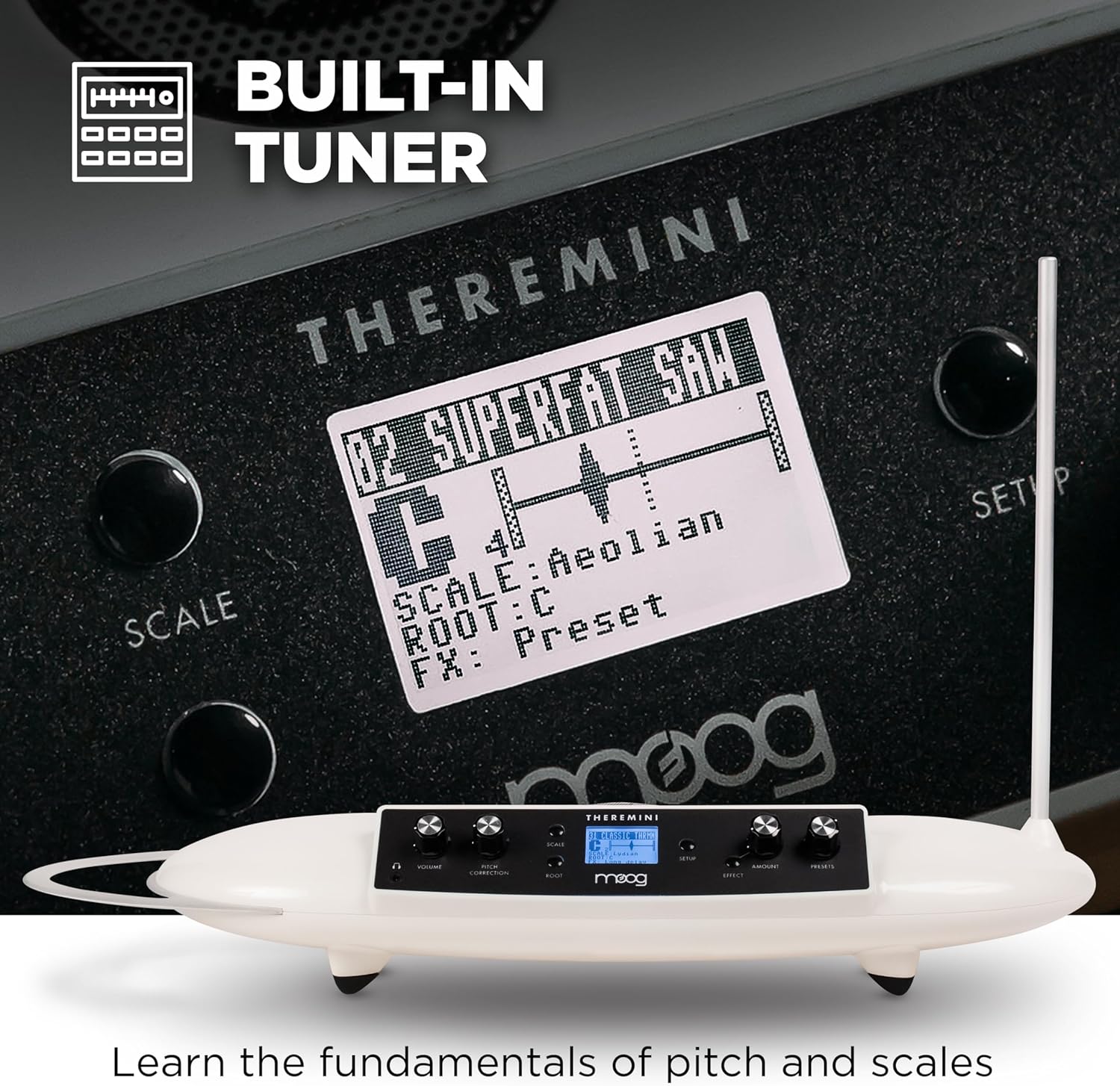 MOOG Theremini - Theremin with Pitch Correction, CV Out, Built-in Tuner and Speaker, Animoog Synthesizer Sound Engine with 32 Presets and LCD Screen