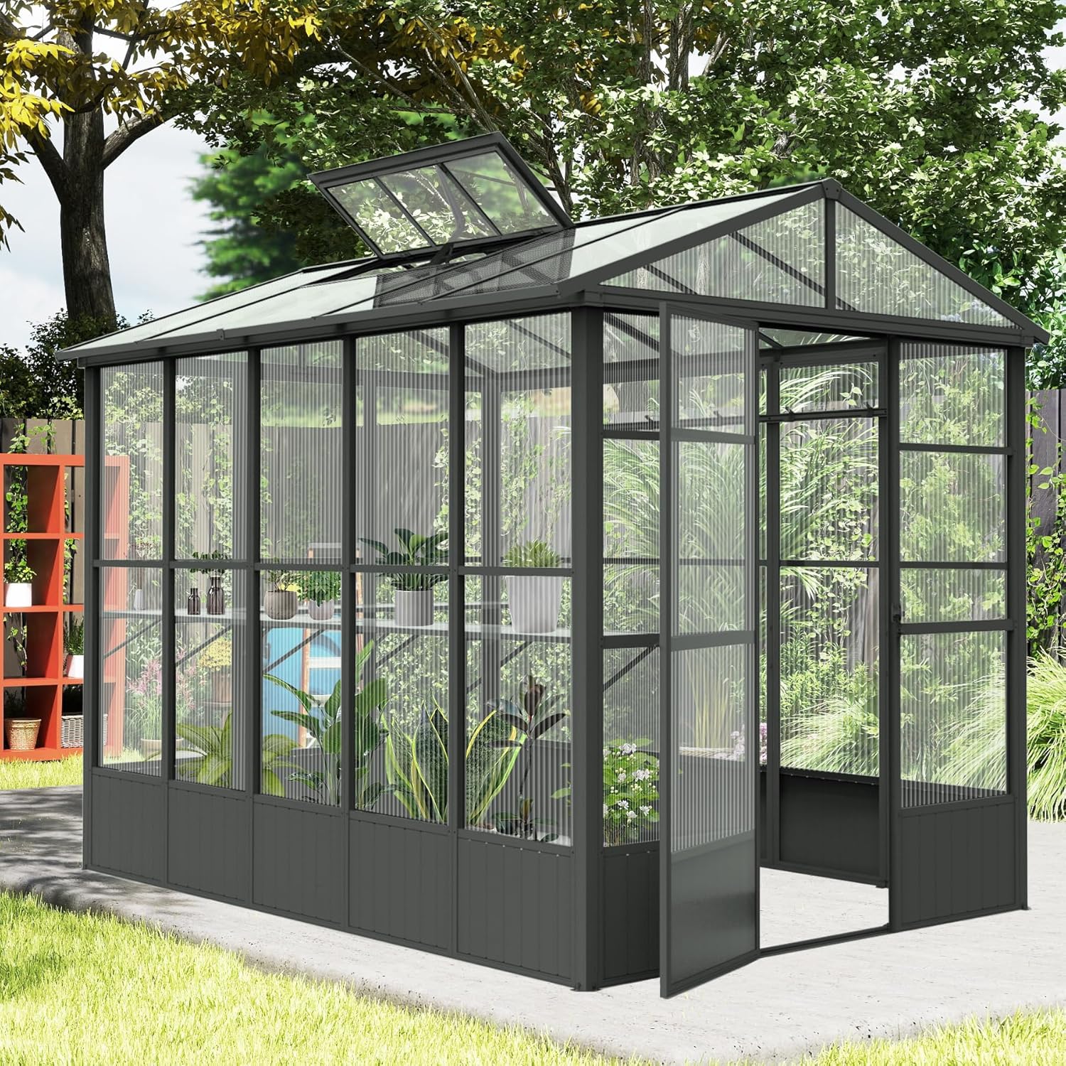 Domi Polycarbonate 7.5x10 FT Greenhouse, Extra Tall 8FT Walk-in Aluminum Frame with Automatic Vent, Weather-Resistant Green House with Shelves & Hooks for Outdoor Garden, Backyard, Gray