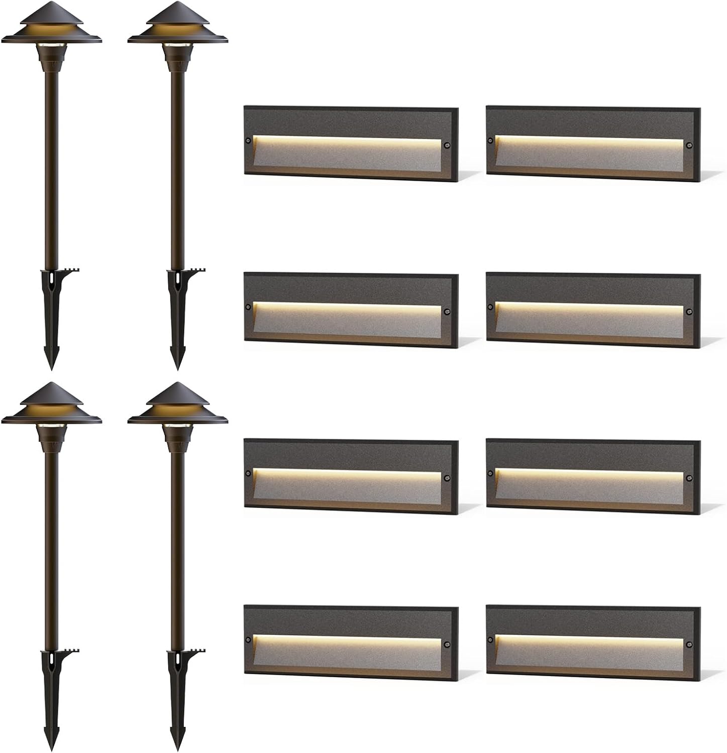 GOODSMANN 4PK Low Voltage Path Lights Oil Rubbed Bronze 4W 32 Lumen 2 Tier Pagoda Pathway Lights with 8PK 12V AC Step Lights 3W 49 Lumens Outdoor Deck Lights