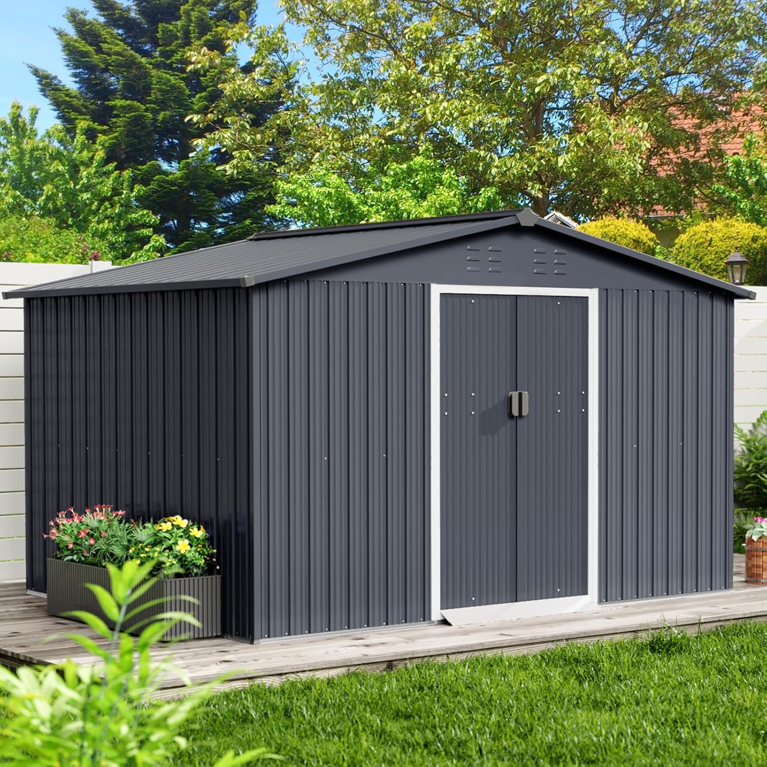 Garveelife 8x10 ft Outdoor Storage Shed, Steel Utility Tool Shed with Sloped Roof & Lockable Door, Backyard Garden Patio Lawn Outdoor Shed for Storing Tools and Equipment in Yard, Grey