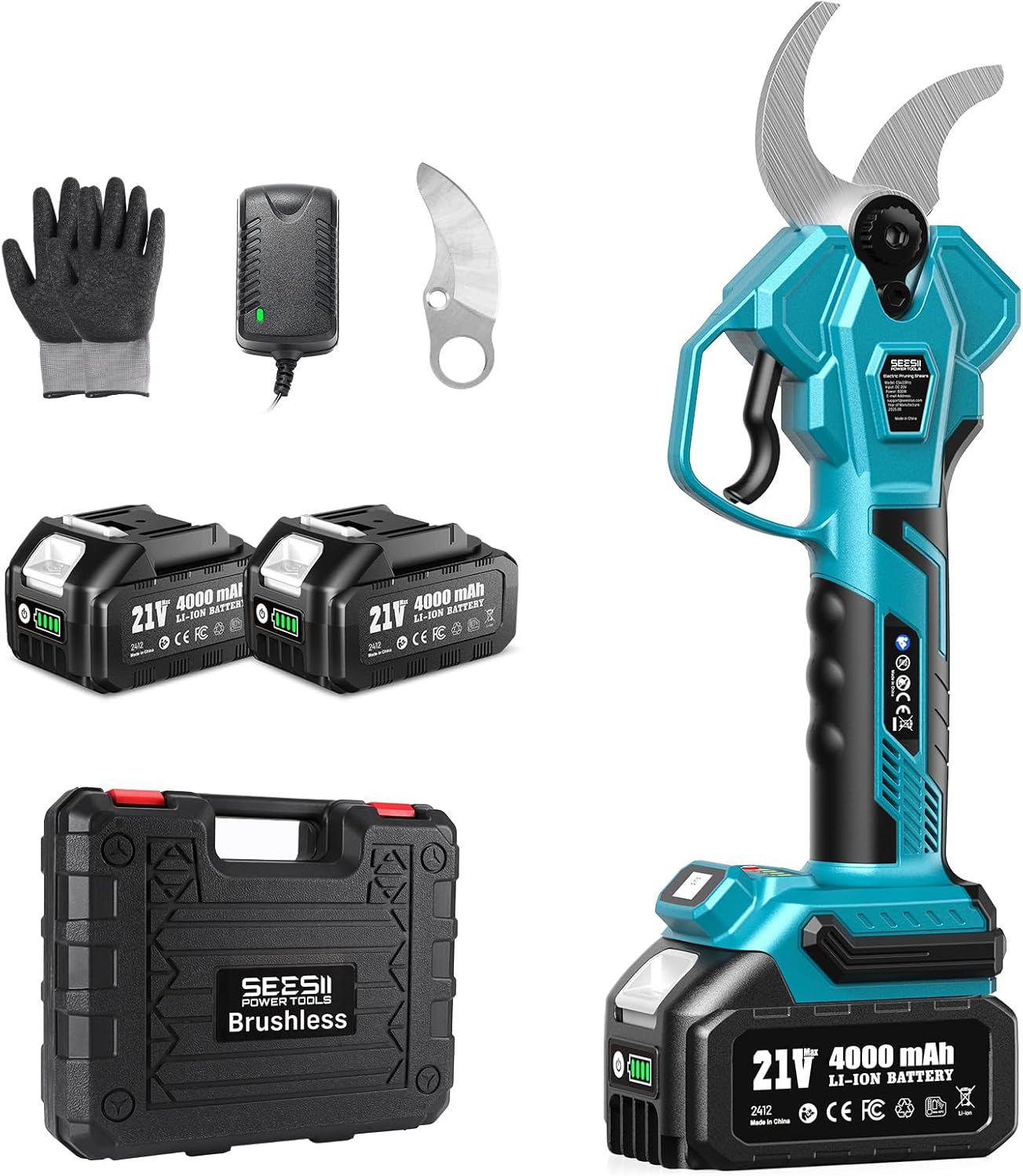 Seesii Electric Pruning Shears for Gardening: 1.8” Cutting Cordless Power Pruner - Brushless Motor, Dual 4.0Ah Battery, 4 Levels Adjustable Extra SK5 Blade Branches Cutter For Tree & Flower Trimming