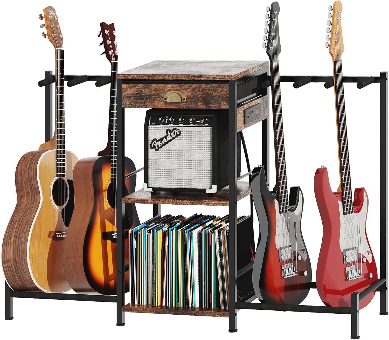 Homeiju 6-Guitar Floor Stand with Charging Station & 3-Tier Storage, Guitar Rack with Amp Stand & Cloth Drawer, Rubber Protected Guitar Holder for Studio/Home , Heavy Duty Metal Frame​
