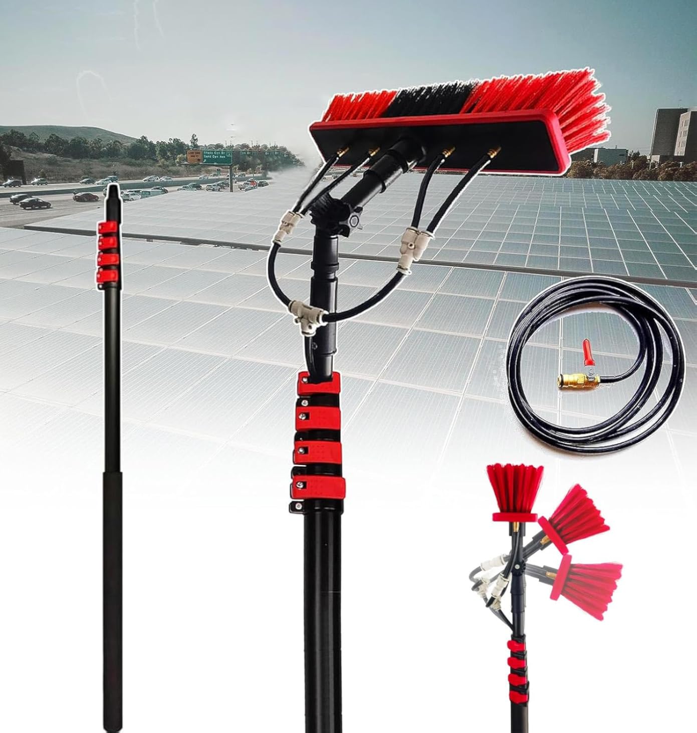 Water Fed Brush, 36FT/10.8M Poles Solar Panels Window Cleaning Brush Telescopic Pole with 50cm Brush Head&Brass Connector Switch& 3 Three-Way Split Joints Pure Water for Window Cleaning