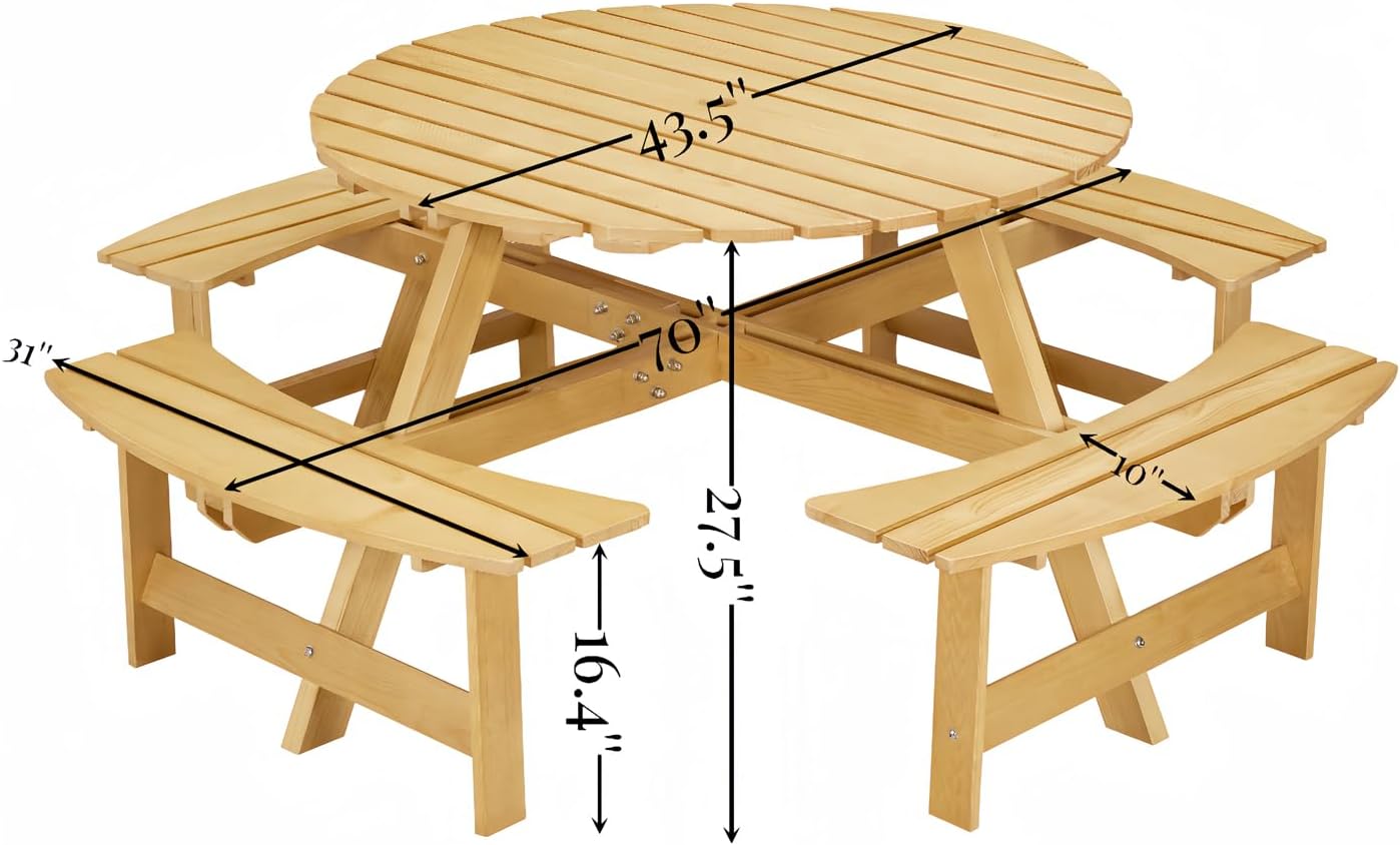 8 Person Picnic Table, Wood Outdoor Round Table and Bench Set with 4 Built-in Benches & Umbrella Hole for Garden, Backyard, Porch & Patio, 500lbs Capacity Per Bench (Natural)