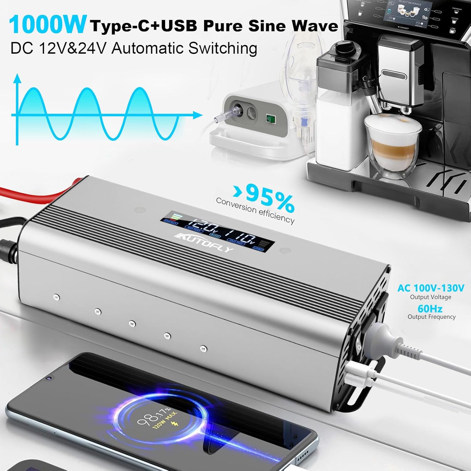 1000W Pure Sine Wave Power Inverter DC 12V / 24V to AC 110V(2 Outlets), 2000 Watt Peak Power, Car Charger Plug Inverter Adapter Converter with Type-C & USB Charging Ports LCD Smart Screen