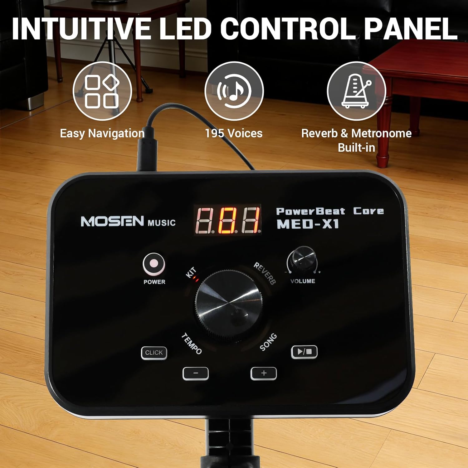 MOSEN Electric Drum Set with 4 Quiet Drum Pads, 2 Pedal, Sticks, Headphone, Electronic Drum with 195 Sounds, 20 Drum kits for beginners, MED-X1