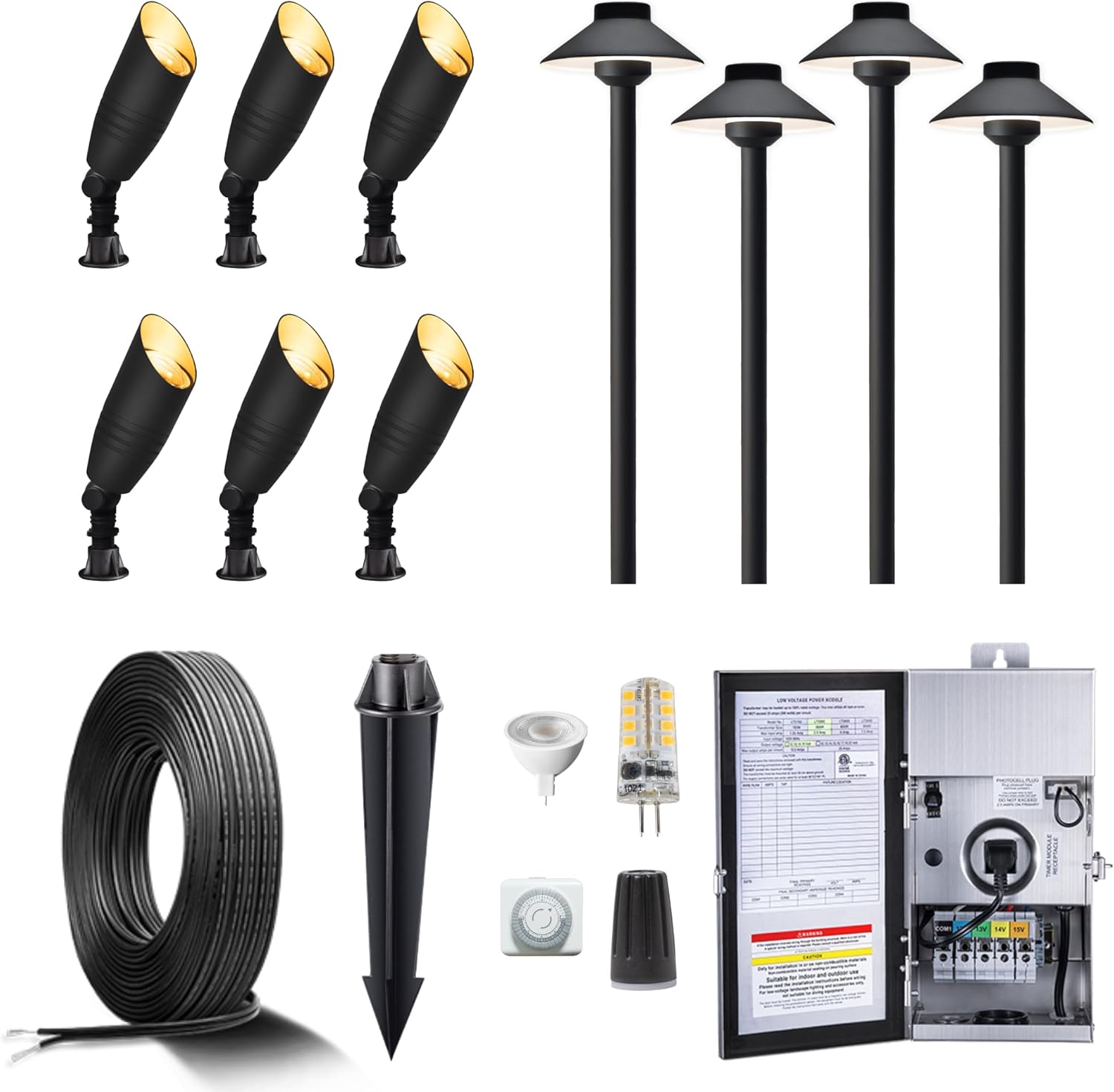 Gardenreet Brass 12V Black Landscape Lighting Kit (6 Spotlights, 4 Path Lights) with 150W Transformer and 100 Feet Cable and 30 Pack Wire Connectors for Outdoor Yard Patio Walkway