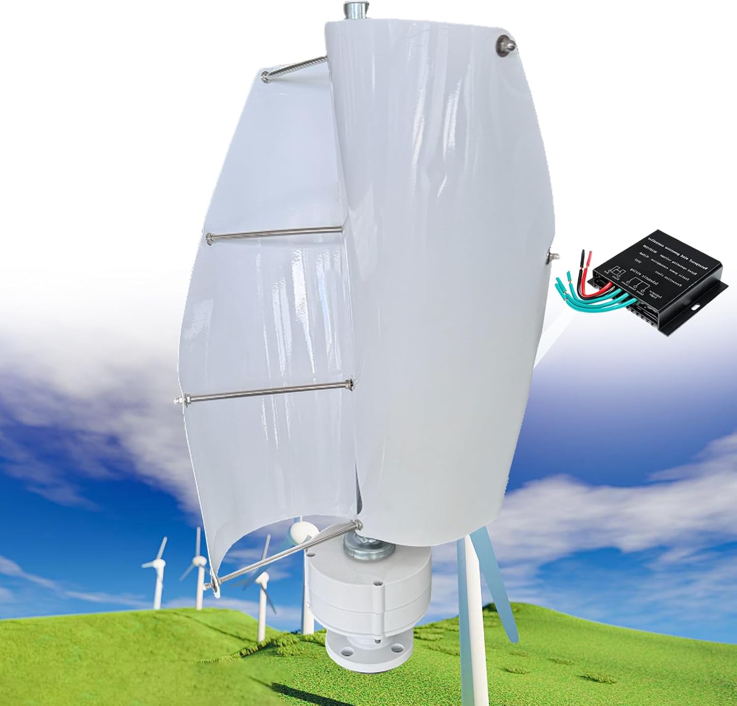 12000W Wind Turbine Generator Kit, 12V 24V 48V Helical Magnetic Levitation Shaft Vertical Wind Turbine, with MPPT Controller, for Hybrid Wind Solar System,E-12V