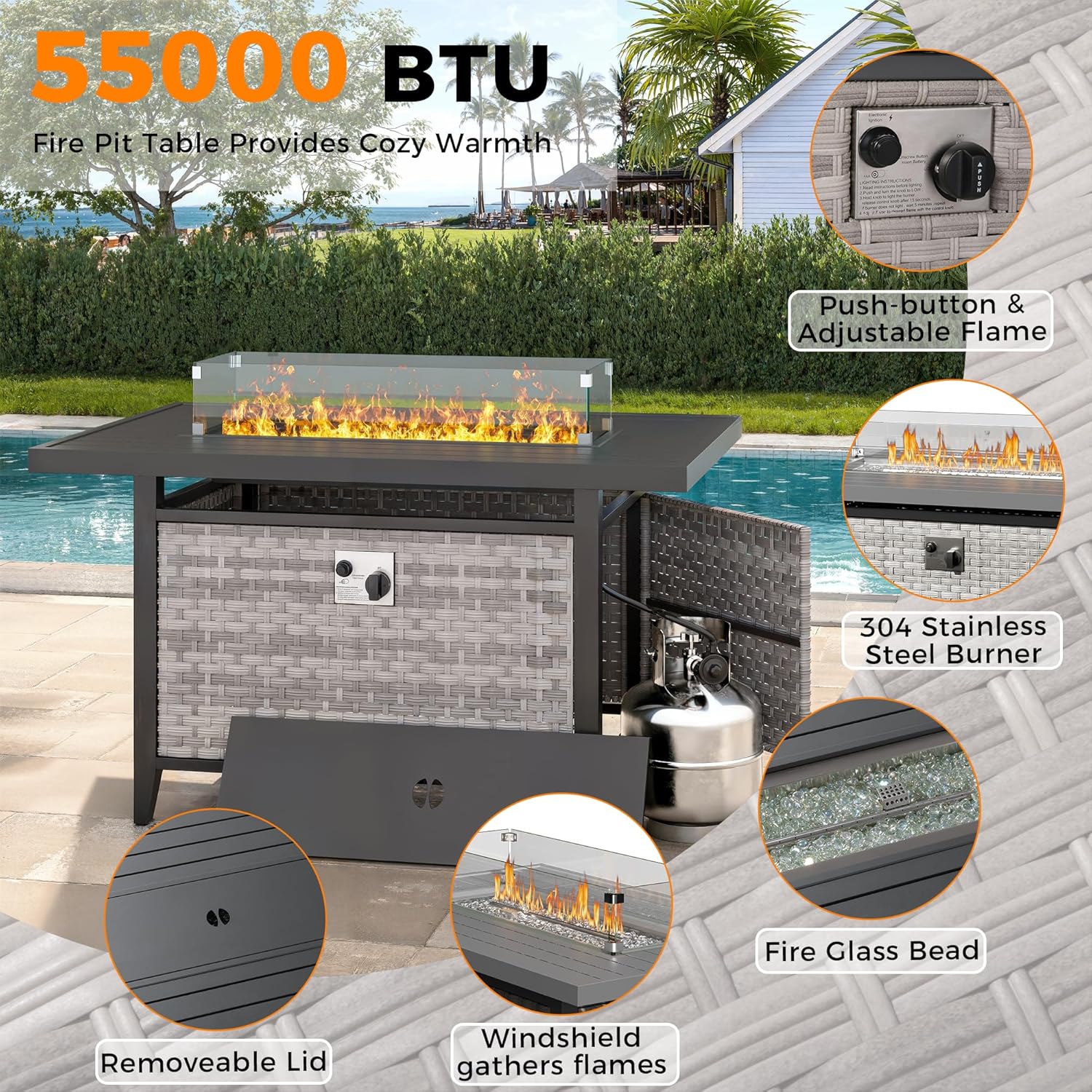 6-Seat Modern Outdoor Wicker Rattan Patio Furniture Set with 55,000 BTU Fire Pit Table, Thick 4″ Cushions, All-Weather Dual-Strand Rattan, Rust-Resistant Steel Frame,Black