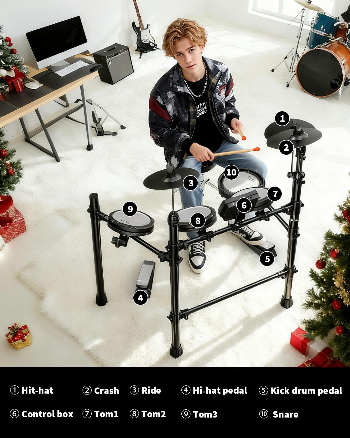 AiJoy Electric Drum Set with Quiet Mesh Pads, 5 Drums, 3 Cymbals, Dual-Zone Snare, USB MIDI, Intelligent Sound Module, Drum Throne, Headphones, Sticks, 25 Kits & 195+ Sounds for Beginners & Adults