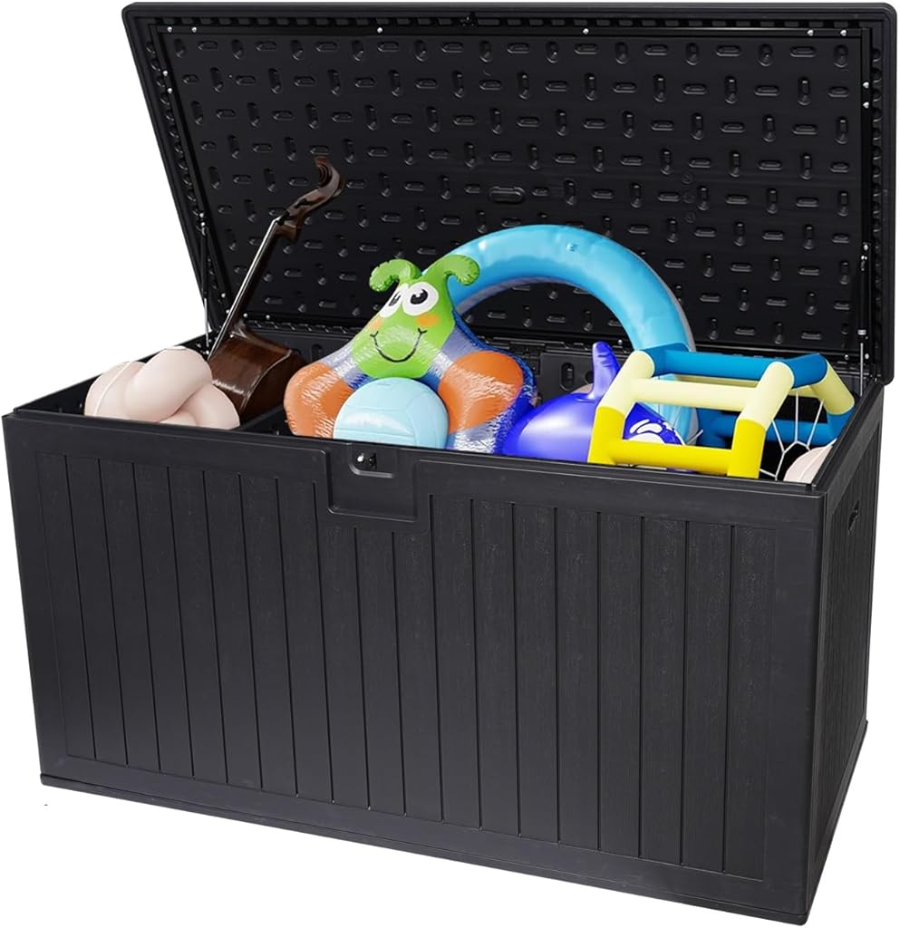 230 Gallon Outdoor Storage Deck Box, Black, Waterproof Resin Construction, 63.4 x 32.2 x 32.6 inches, Lockable Design with Hydraulic Hinges