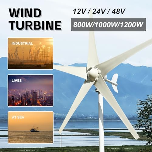 800W-1200W 5-Blade Wind Turbine Generator, 12V/24V/48V Horizontal Axis Wind Power System with MPPT Controller, Automatic Wind Direction Adjustment for Outdoor Use