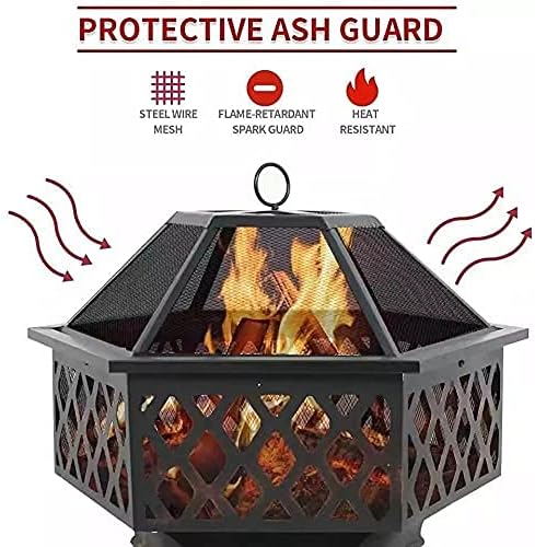 Outdoor Fire Pits 24Inch, Hex Shaped Fire Bowl Hexagon Fire Pit Iron Brazier Wood Burning Coal Pit with Spark Screen Cover for Backyard Garden Patio Bonfire Heating and BBQ
