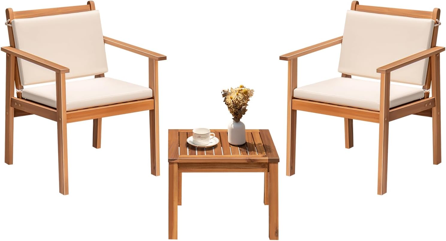 Greesum Outdoor Patio Furniture, 3 Piece Bistro Sofa Set with 1 Coffee Table and 2 Chairs, Acacia Wood Conversation Sets with Cushions, for Garden, Backyard, Poolside, White